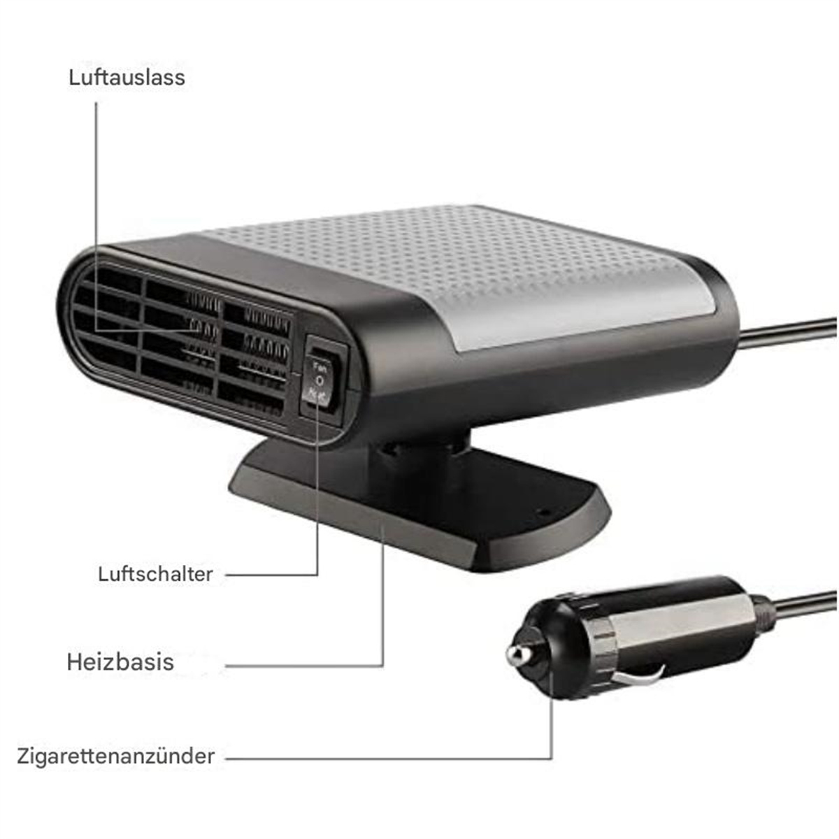 Schwarze und graue Autoheizung mit beschrifteten Teilen und Zigarettenanzünder.