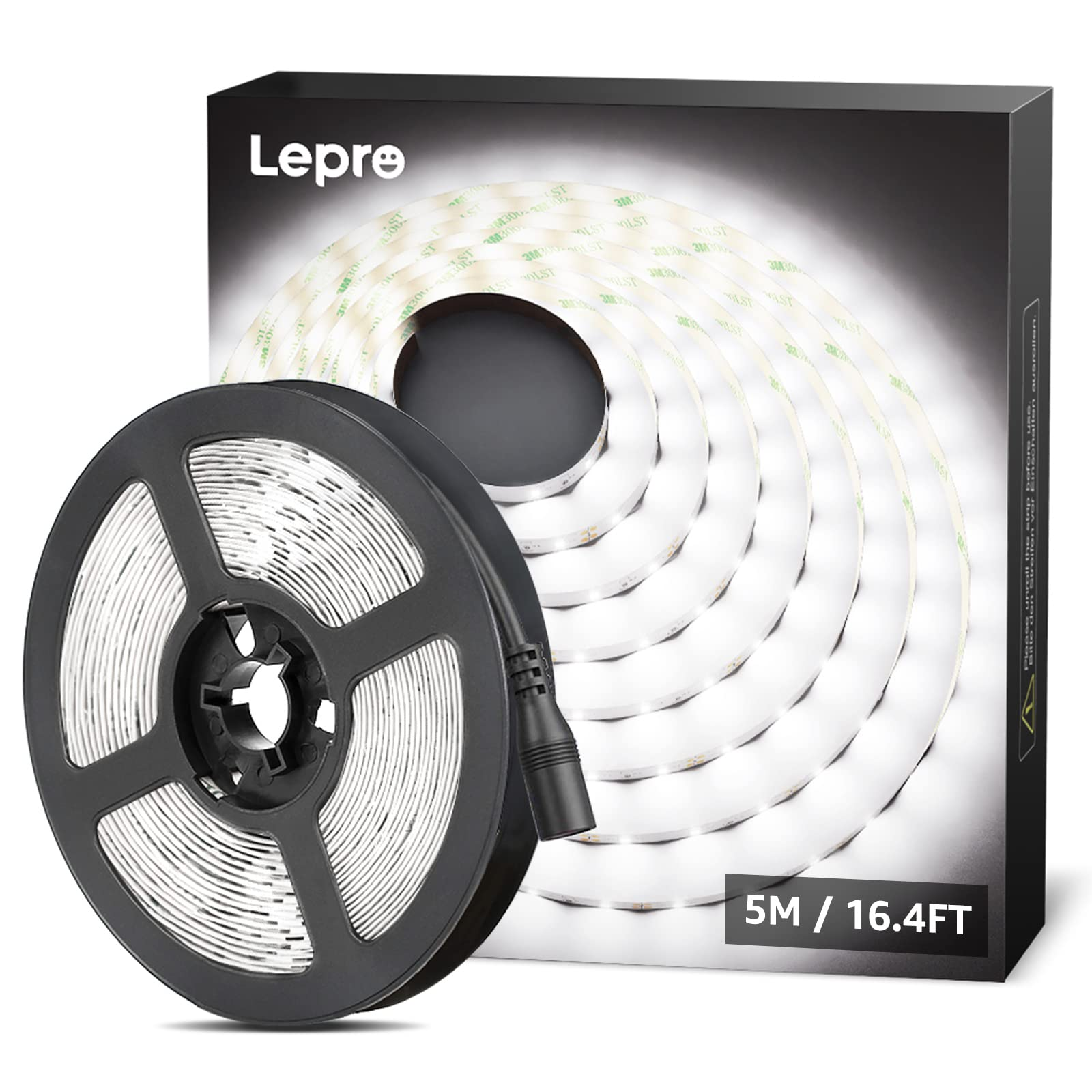 Ein weißes LED-Streifenlicht auf einer schwarzen Rolle, mit einer Box mit der Aufschrift "5M/16.4FT" und "Lepro".
