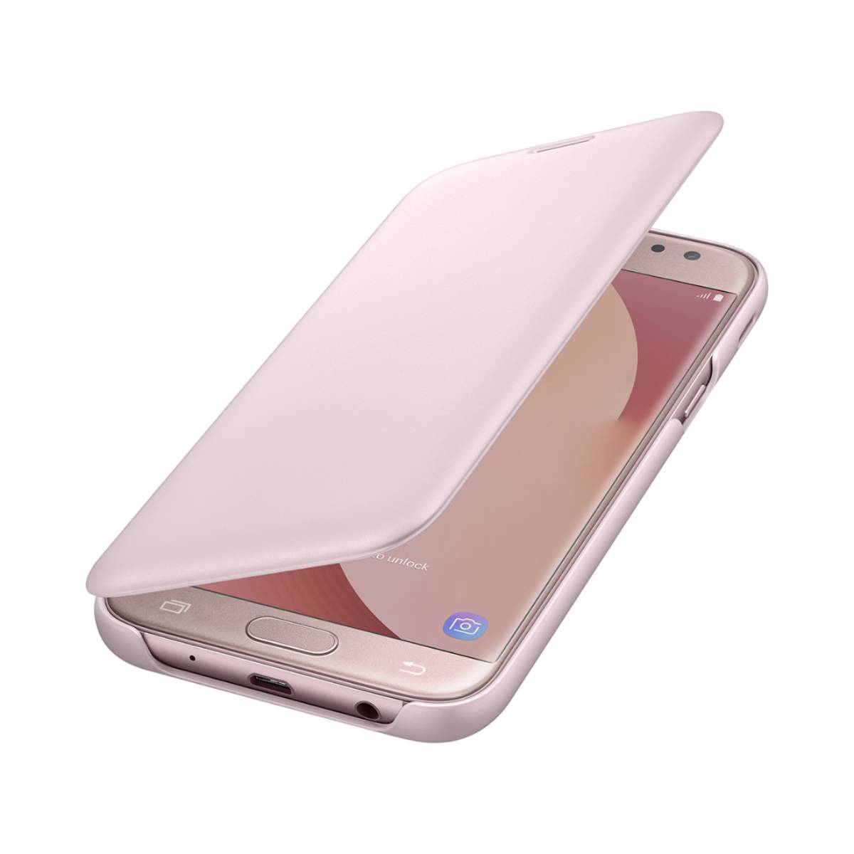 Smartphone rosa con funda abierta. Muestra la pantalla. Fondo blanco.