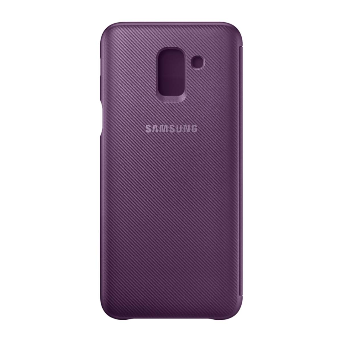 Funda de teléfono Samsung morada, superficie texturizada, con el logo de Samsung sobre fondo blanco.