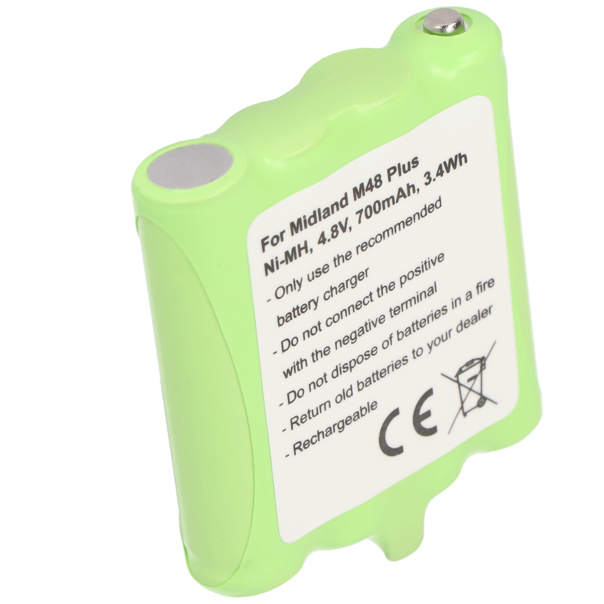 Groene batterij met wit label en tekst. Voor Midland M48 Plus.