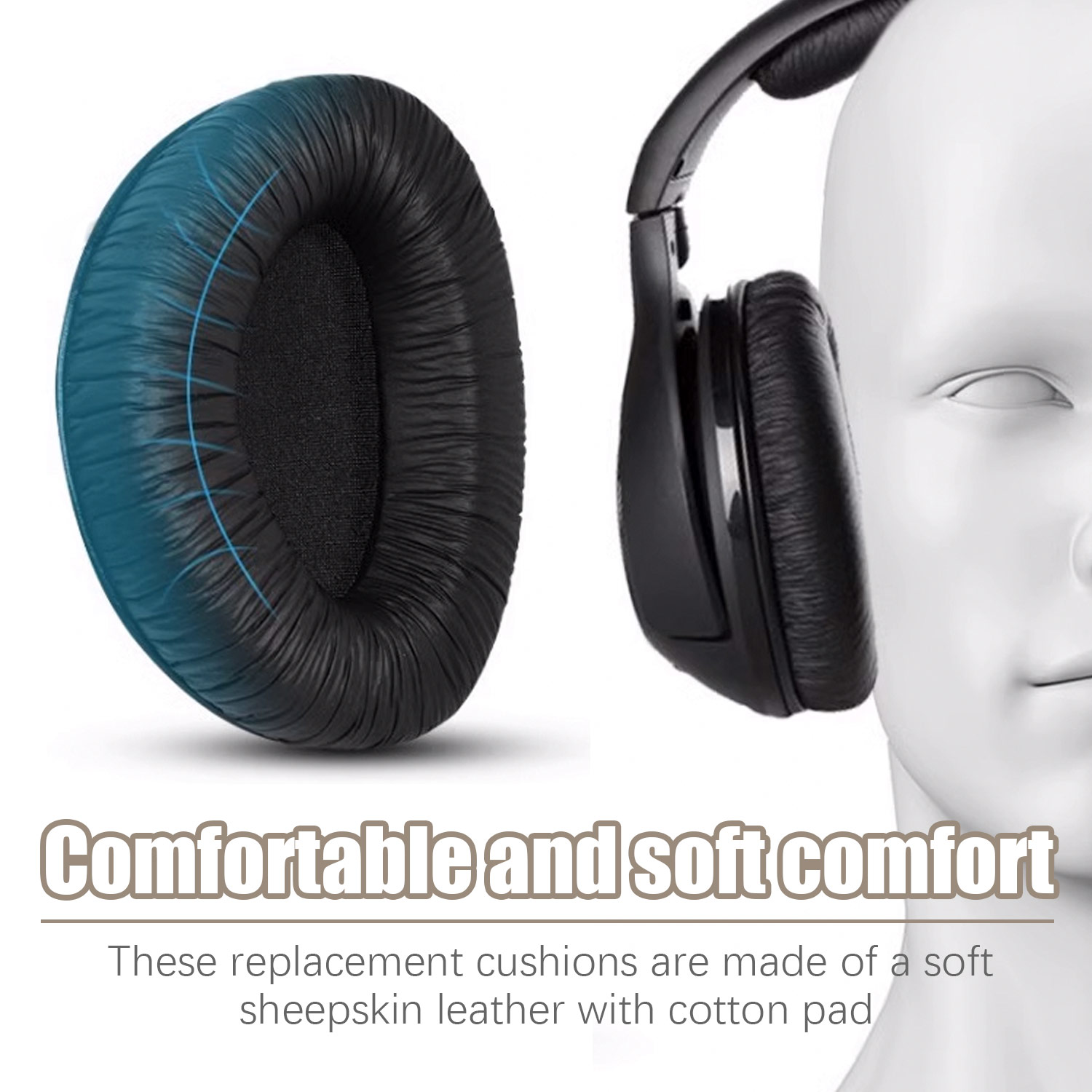 Słuchawki z czarnymi nausznikami. Obraz pokazuje zarys głowy i tekst.