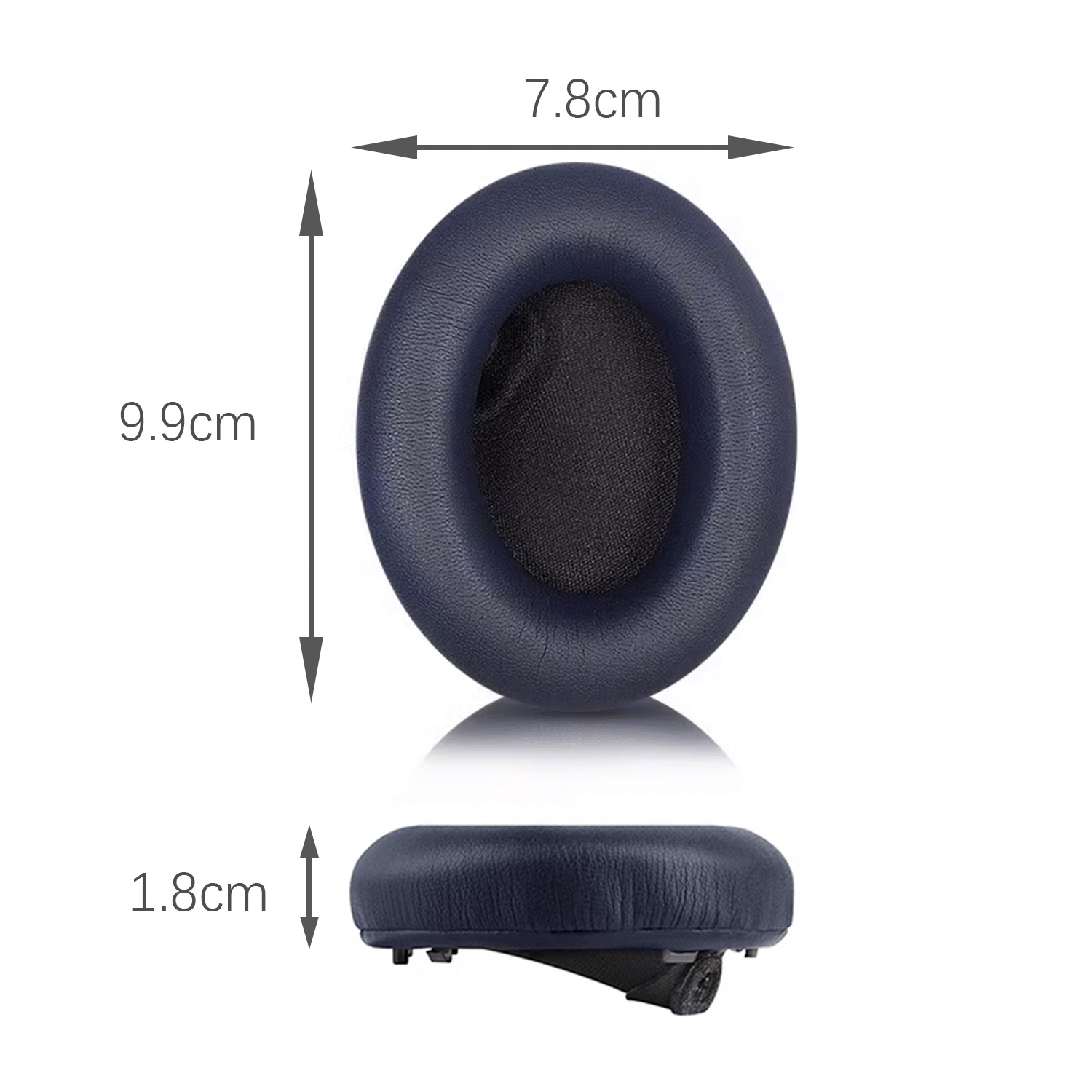 Ohrpolster-Abmessungen: 9,9 cm Höhe, 7,8 cm Breite, 1,8 cm Dicke, in blauer Farbe.