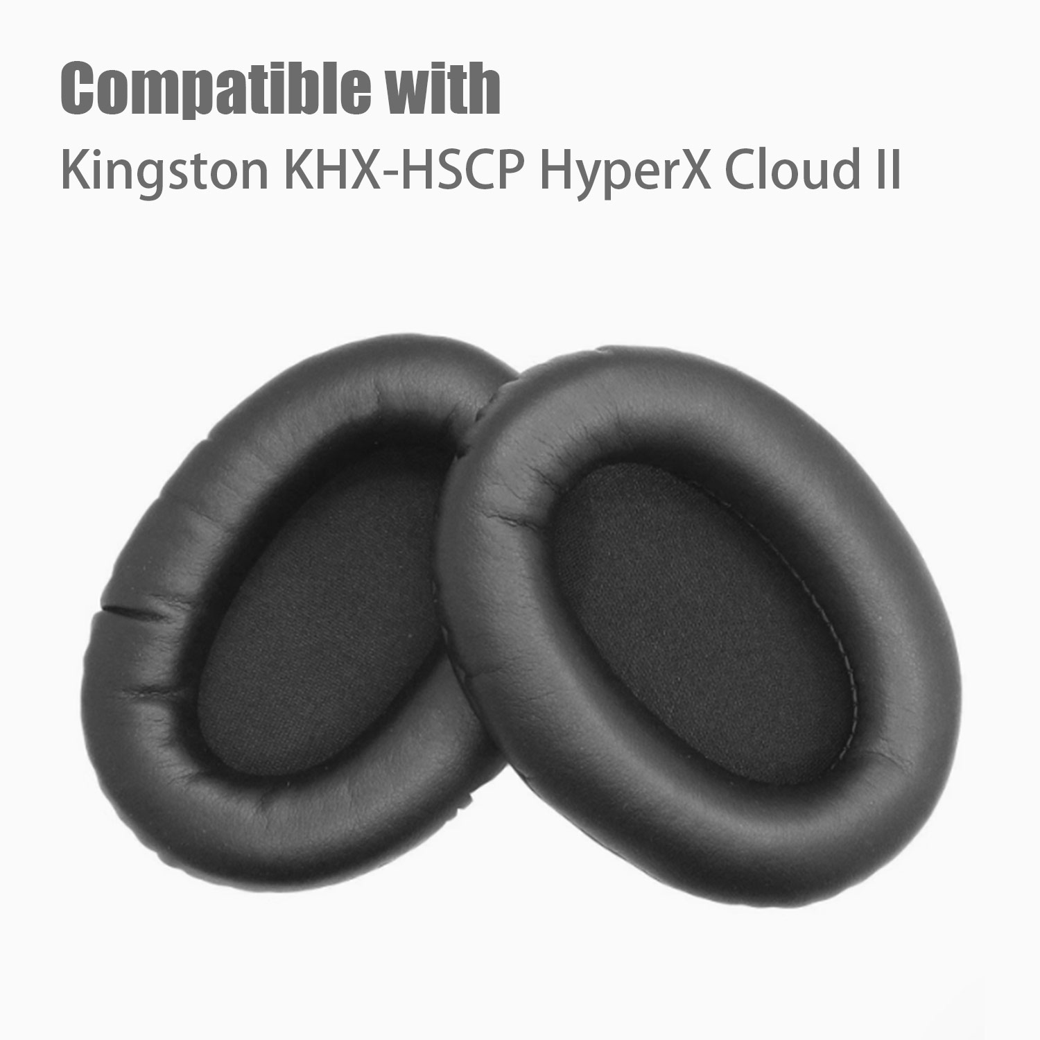 Dwie czarne nauszniki. Tekst: Kompatybilny z Kingston HyperX Cloud II. Tło: białe.