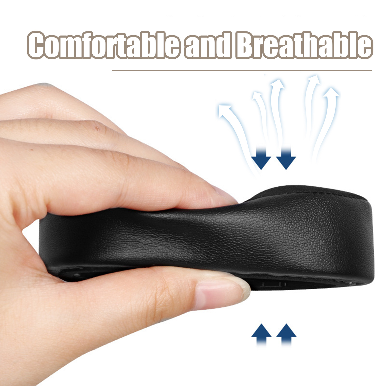 Dłoń trzymająca czarną wkładkę do ucha z tekstem: 'Wygodna i oddychająca'.