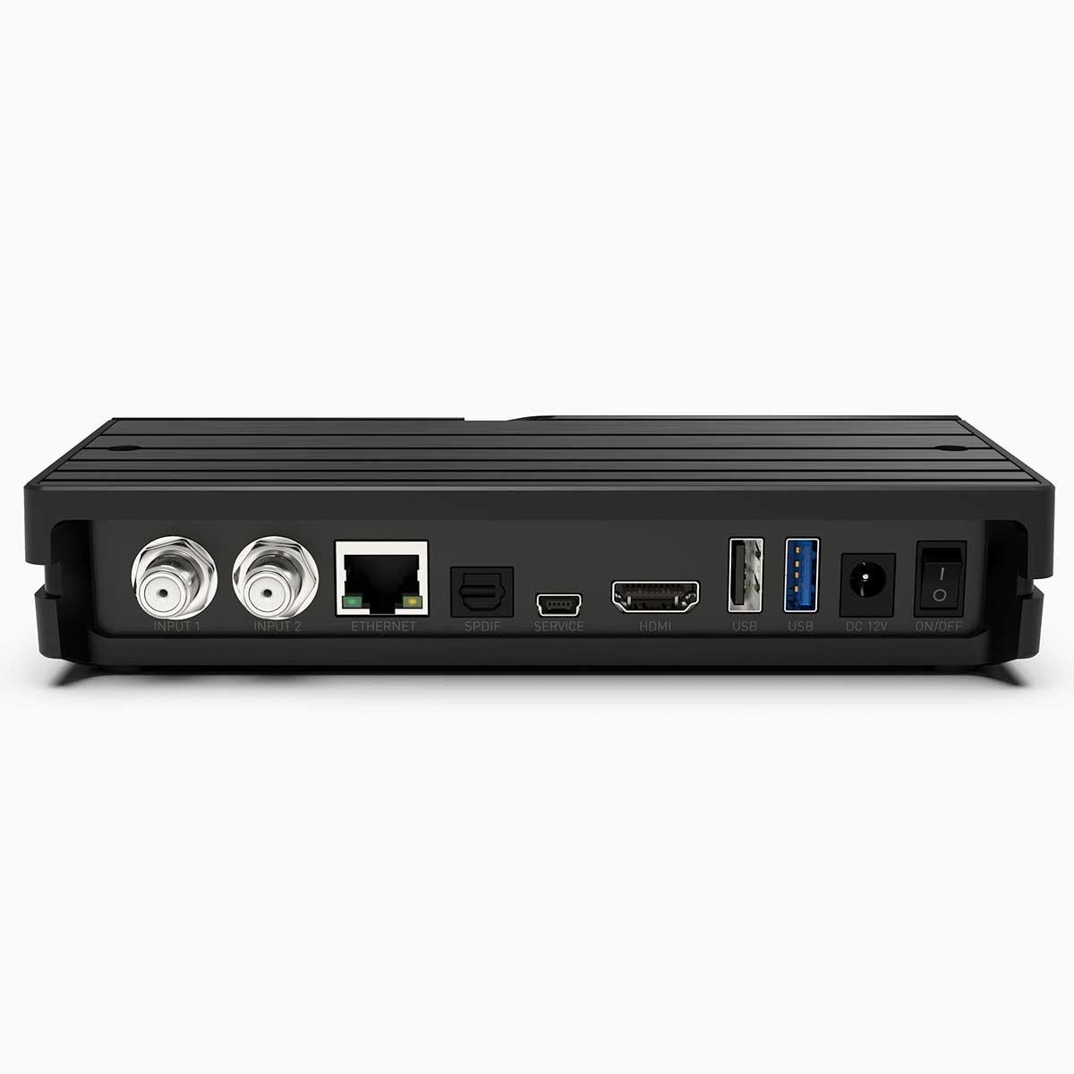 Schwarze Set-Top-Box mit mehreren Anschlüssen, zeigt Eingang, Ethernet, HDMI, USB und Strom.