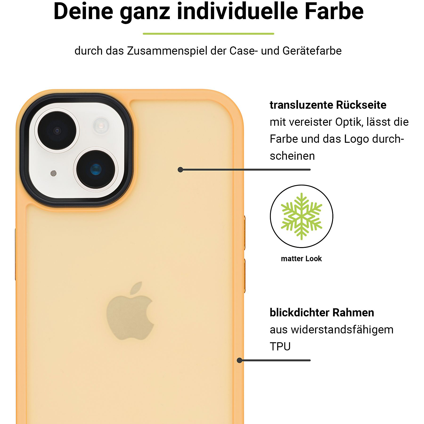 Custodia per telefono con retro giallo e lati trasparenti, con testo e logo bianchi.