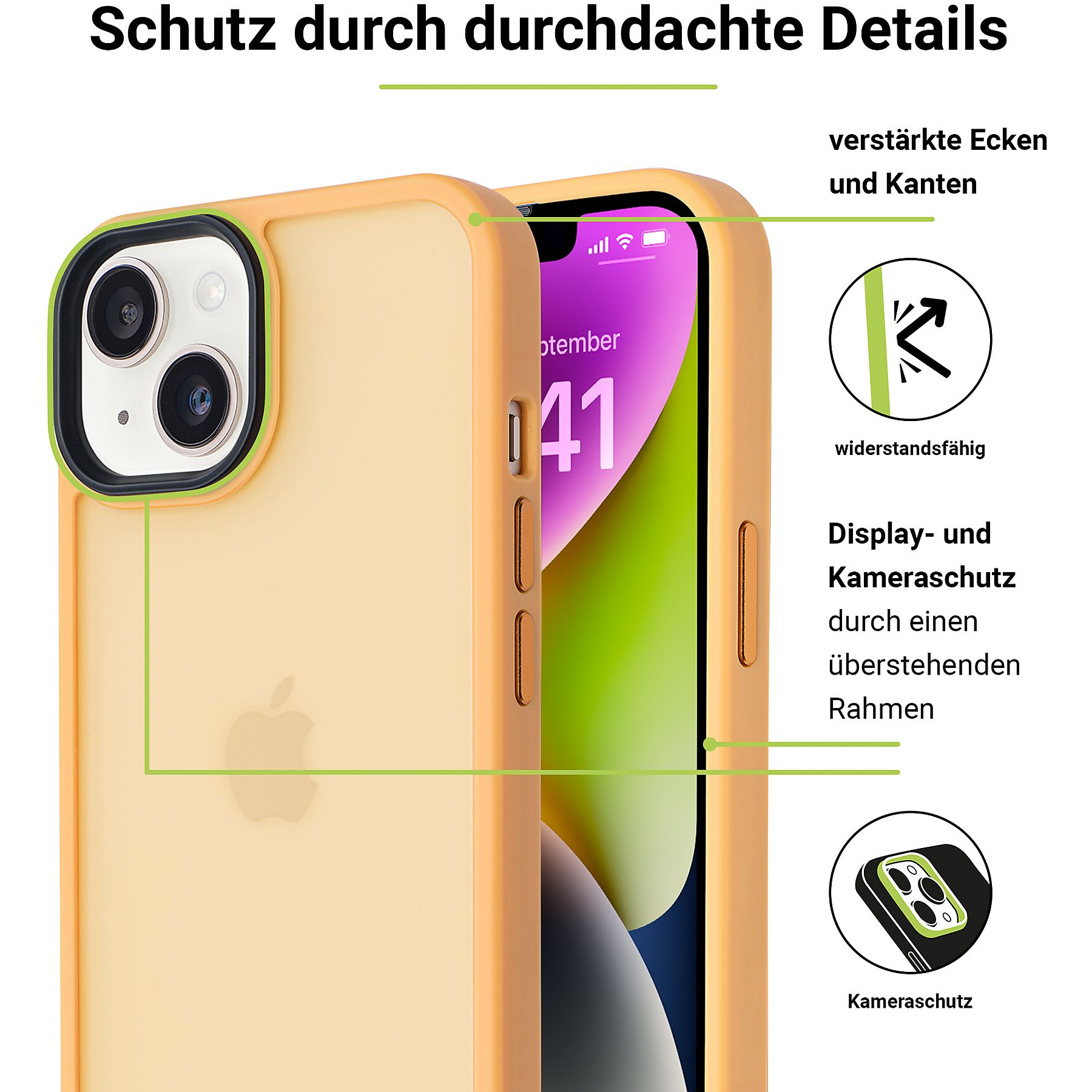 Custodia per telefono gialla con anello per fotocamera verde, iPhone all'interno, su sfondo bianco.