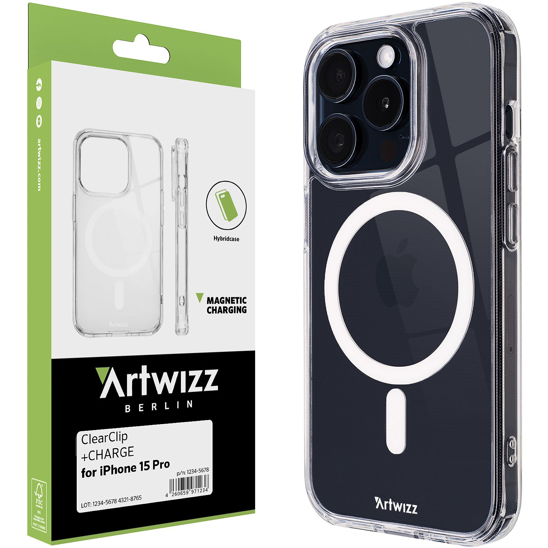Custodia trasparente per iPhone con confezione. Anello di ricarica magnetica bianco.