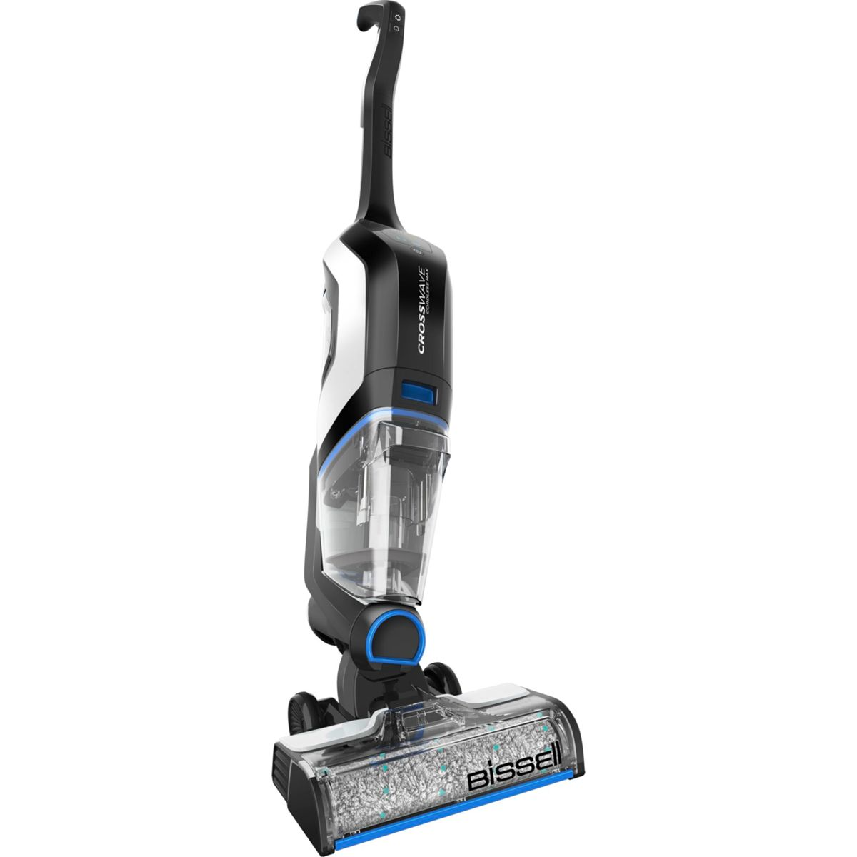 Aspirapolvere Bissell Crosswave bianco e nero su sfondo bianco.