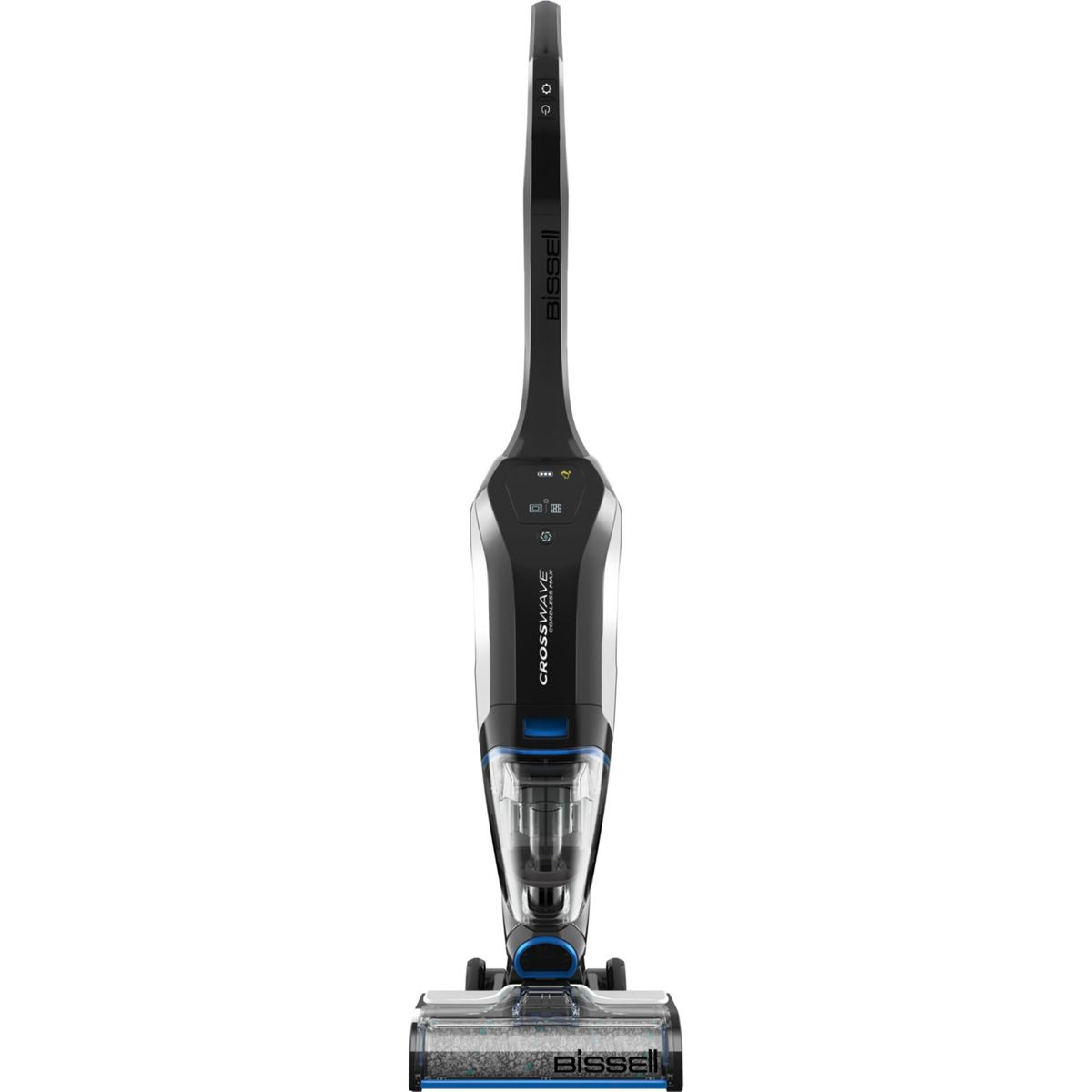 Un aspirapolvere Bissell Crosswave nero e blu, in piedi su sfondo bianco.