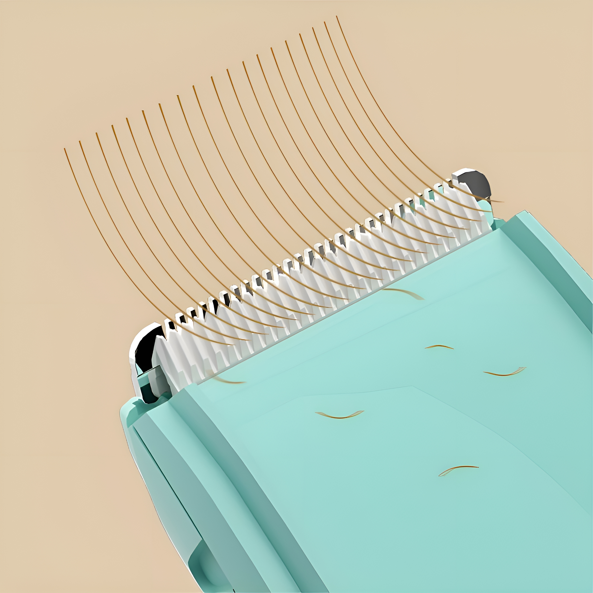 Ein türkisfarbener elektrischer Trimmer mit herausragenden Haarsträhnen, Nahaufnahme.