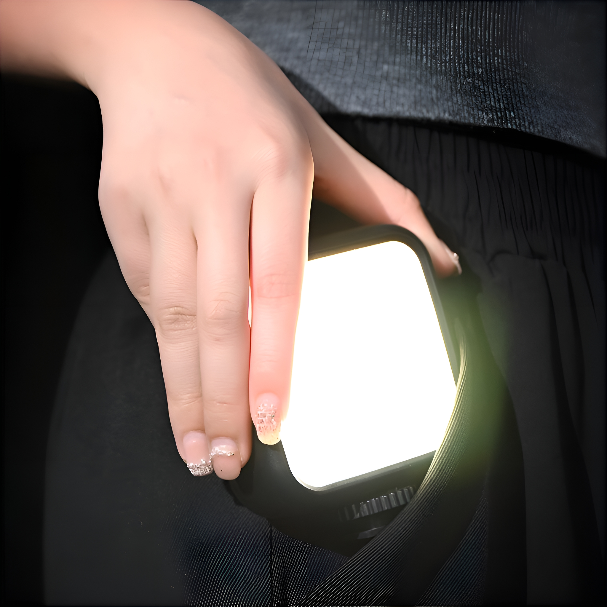 Eine Hand hält ein helles Licht in einer Tasche. Das Licht ist weiß. Die Tasche ist schwarz.