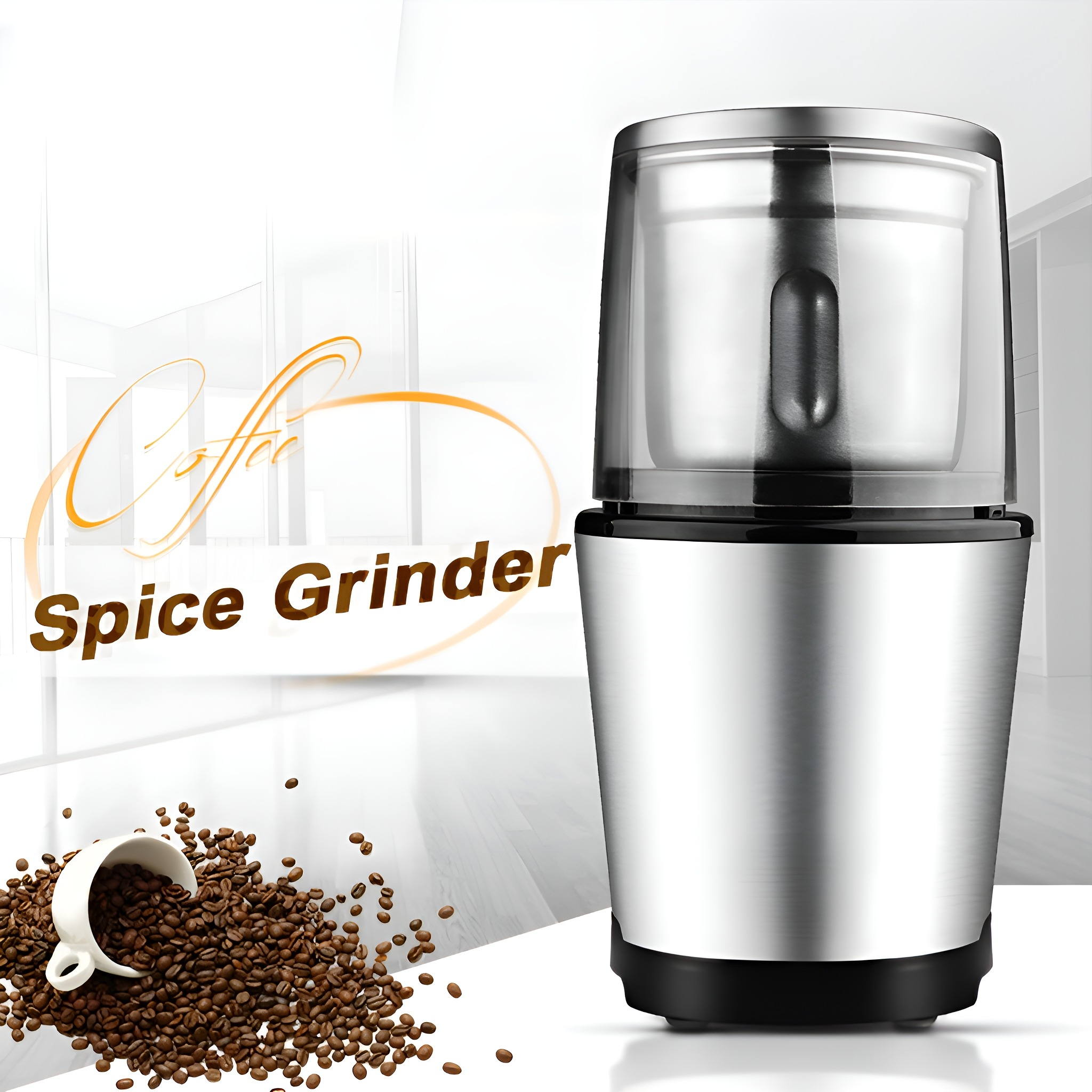 Kaffee-Gewürzmühle mit Kaffeebohnen und einer Tasse daneben.