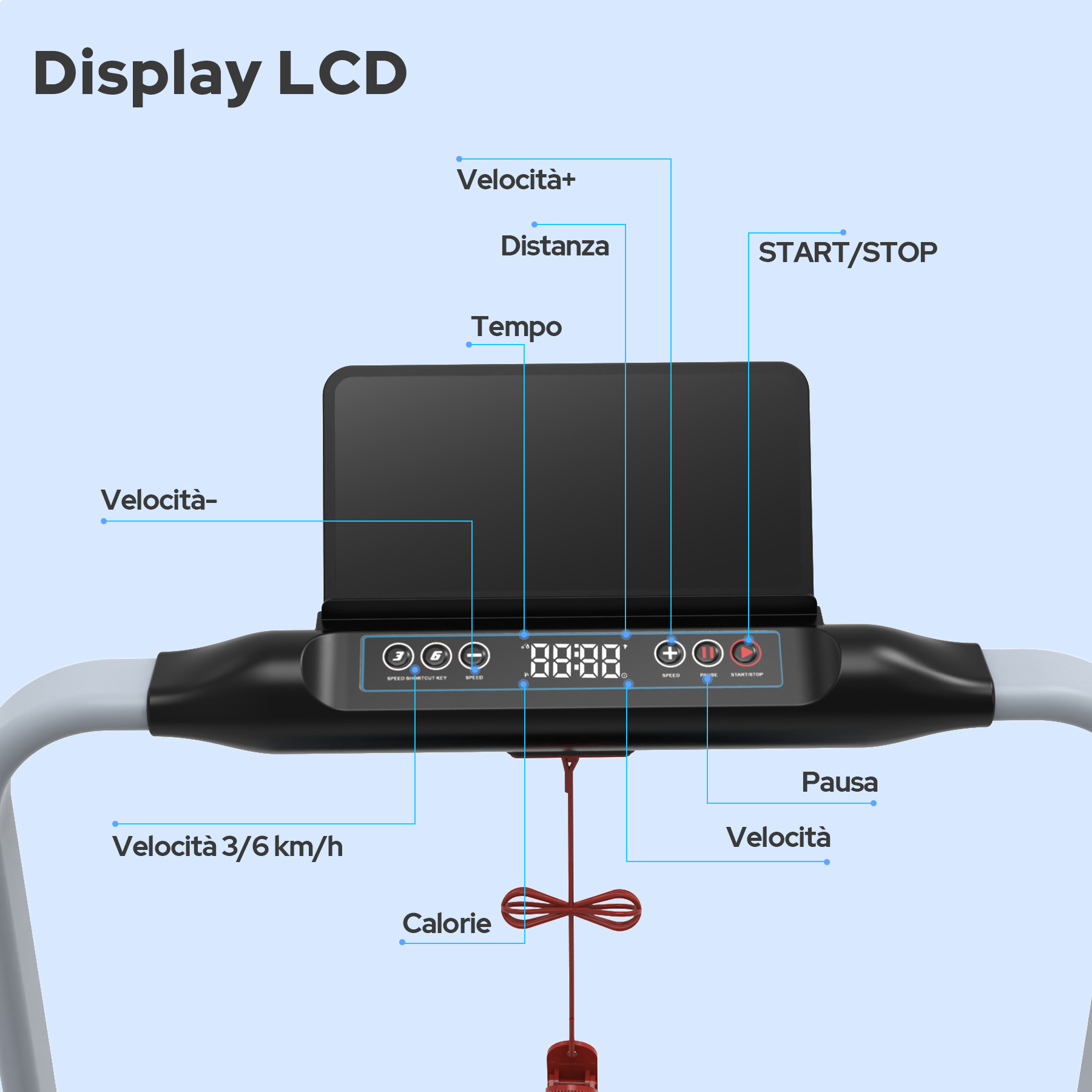 Pannello di controllo del tapis roulant con pulsanti e display, cordino rosso.