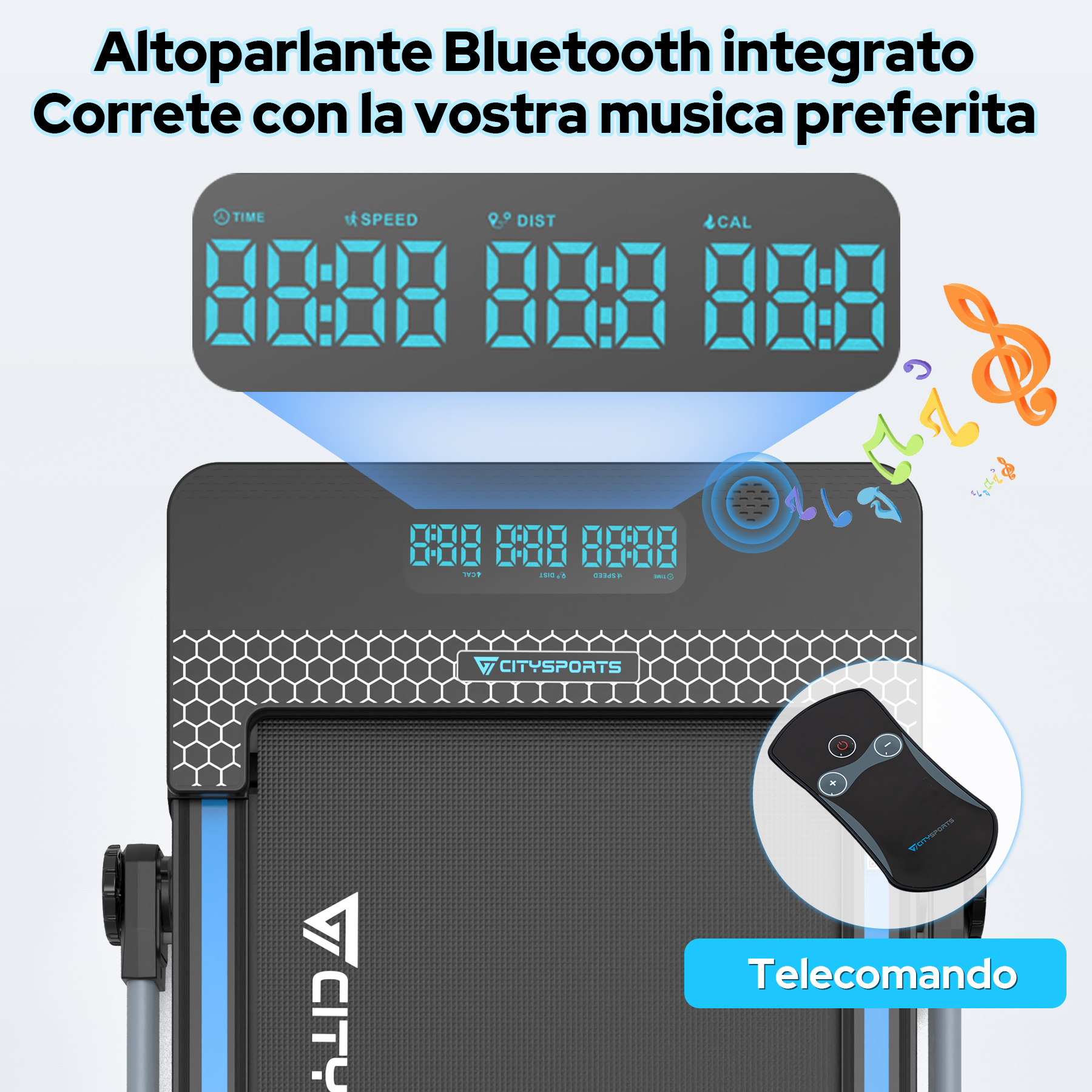 Tapis roulant con display digitale che mostra tempo, velocità e distanza. Include telecomando e note musicali.
