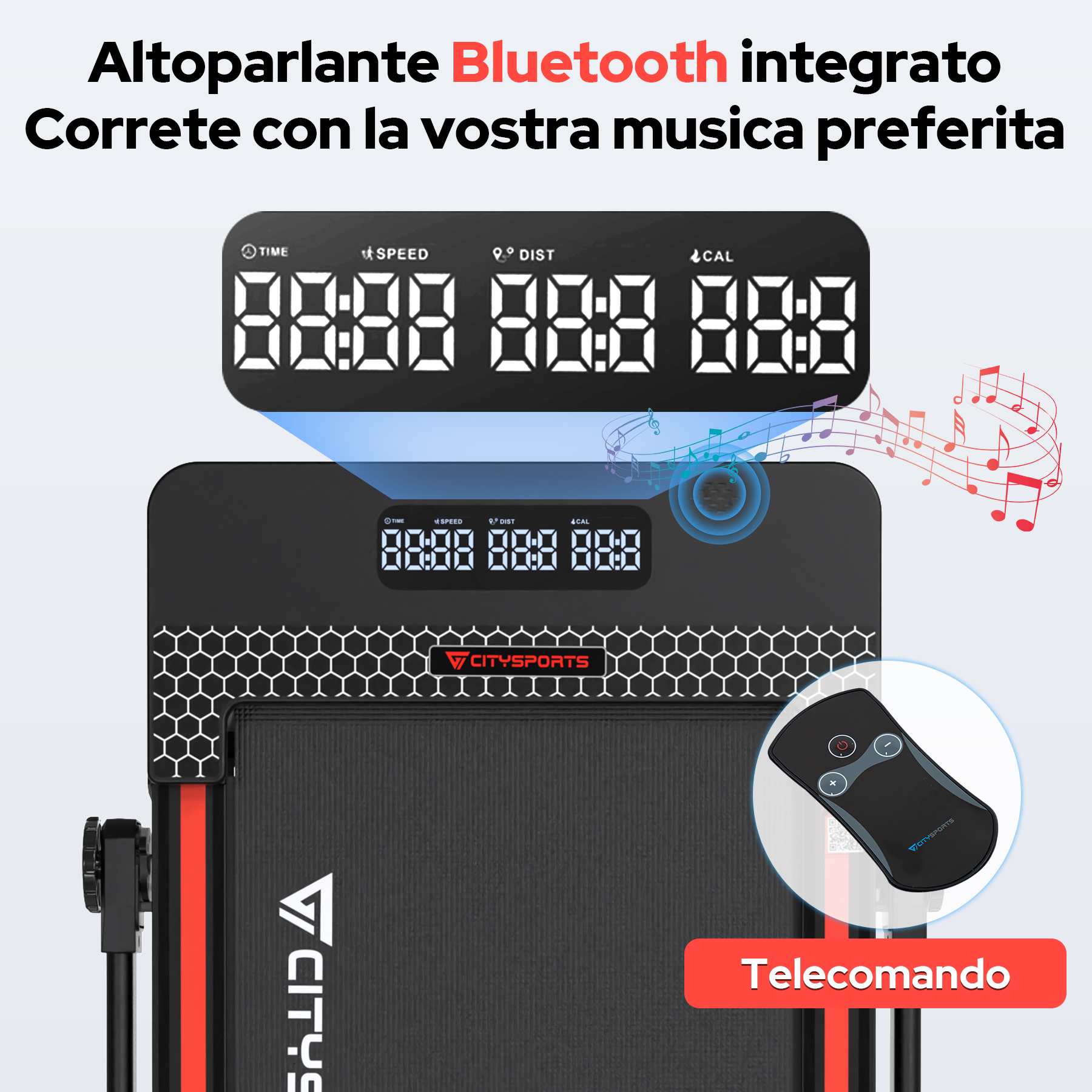 Tapis roulant con display che mostra tempo, velocità, distanza e calorie, con telecomando.