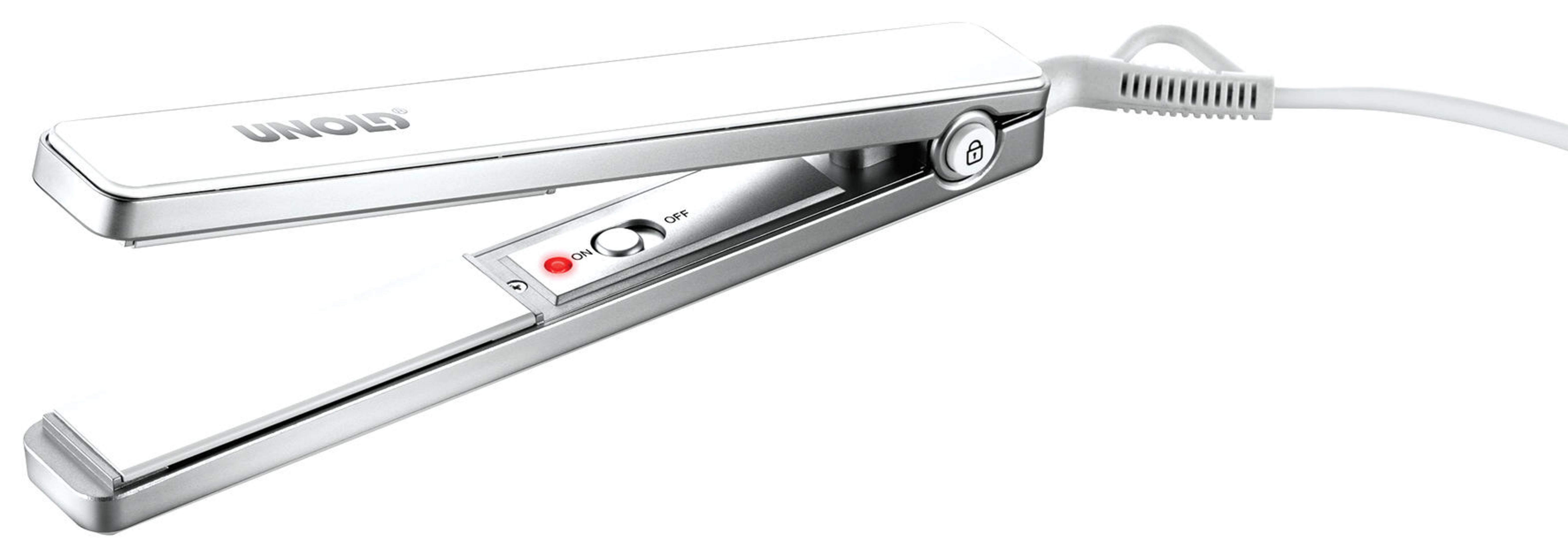 Ein weißes und silbernes Glätteisen. Es ist geöffnet, zeigt die Heizplatten und hat ein Kabel.