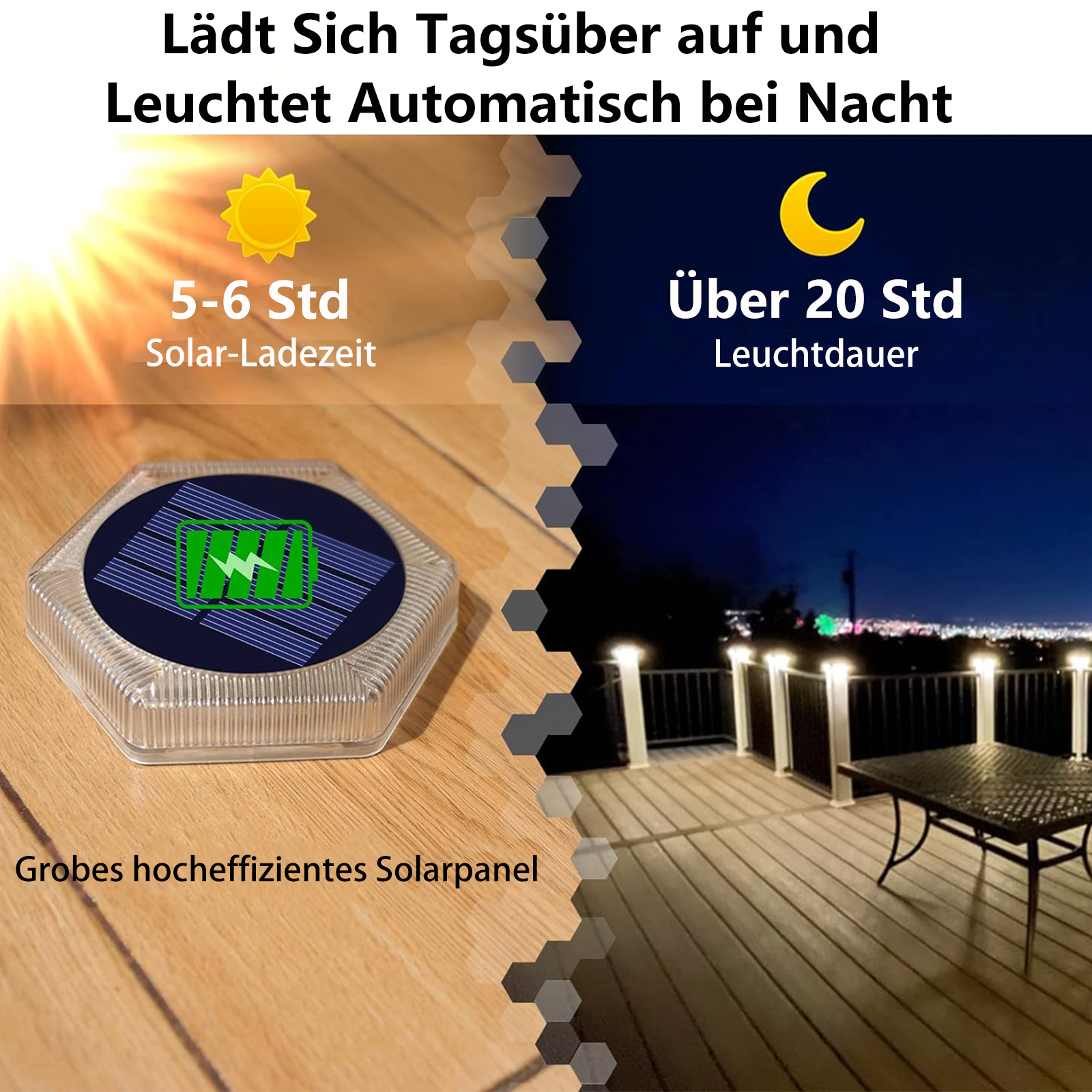 Solarbetriebene Leuchte und beleuchtete Terrasse bei Nacht mit schwarzem Tisch.
