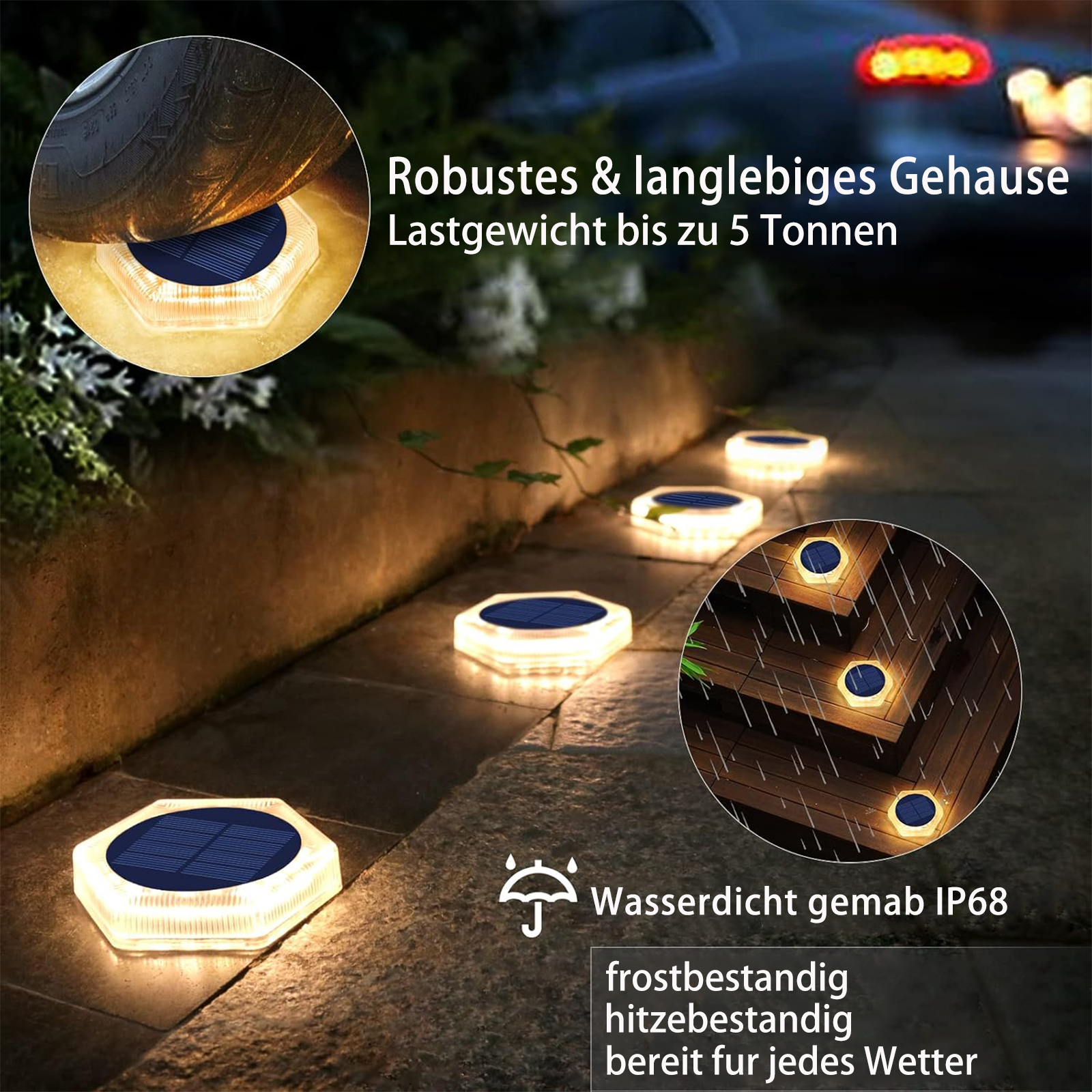 Solarbetriebene Lichter in Reihe auf einem Gehweg, mit Text über Haltbarkeit und Wetterbeständigkeit.