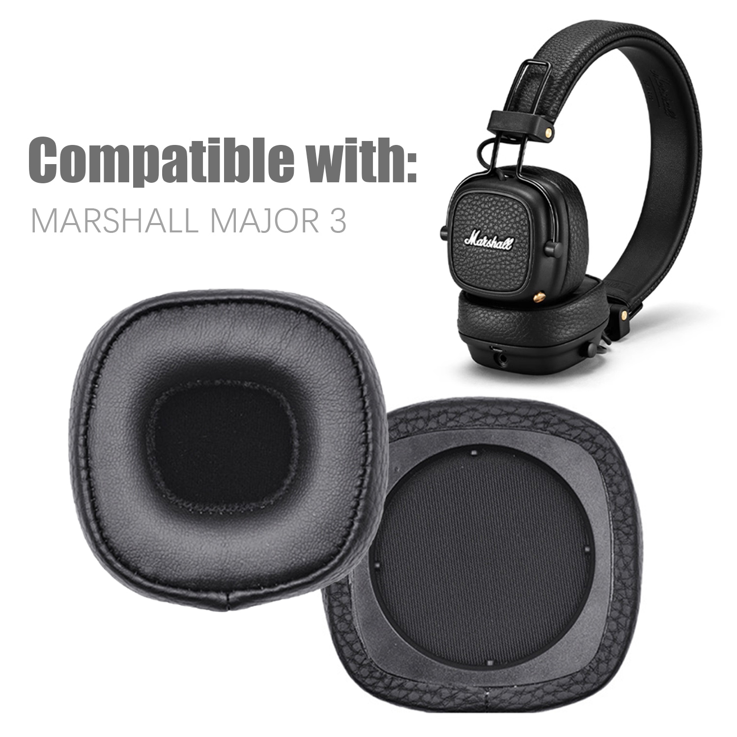 Hoofdtelefoon, oorkussens en tekst die compatibiliteit met Marshall Major 3-hoofdtelefoons aangeeft.