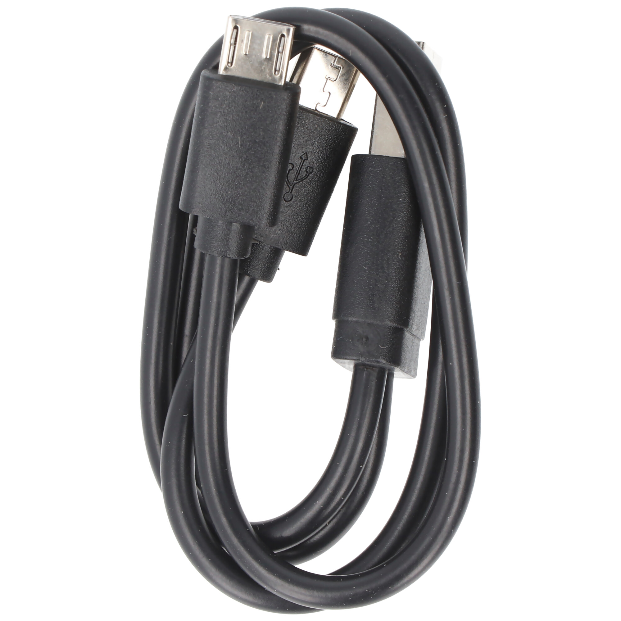 Zwarte USB-kabel met micro-USB- en USB-A-connectoren. Kabel is opgerold.