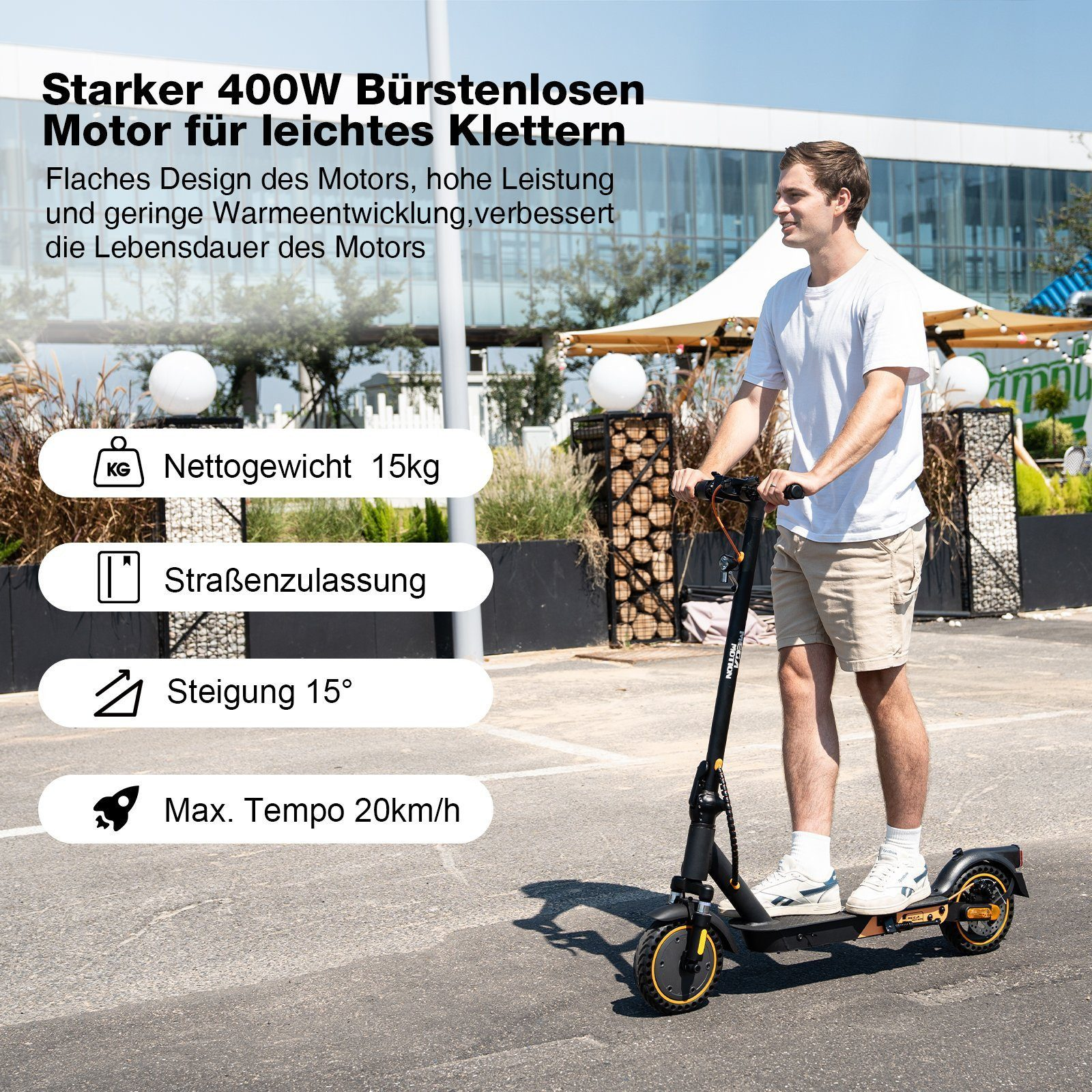 Mann fährt einen Elektroroller auf dem Bürgersteig. Text und Symbole werden angezeigt.