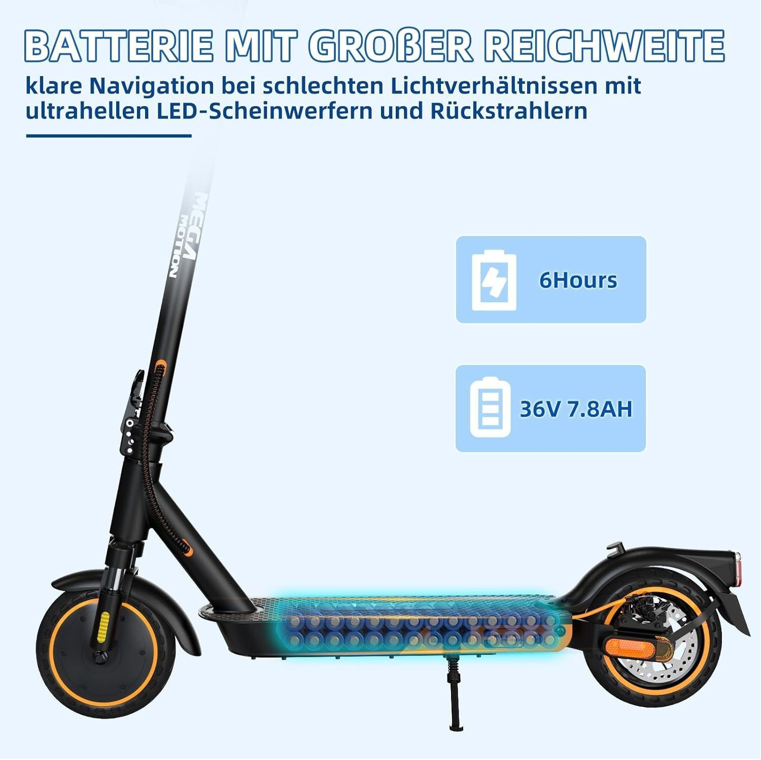 Schwarzer Elektroroller, Text drauf, 6 Stunden Akku, 36V 7,8AH.
