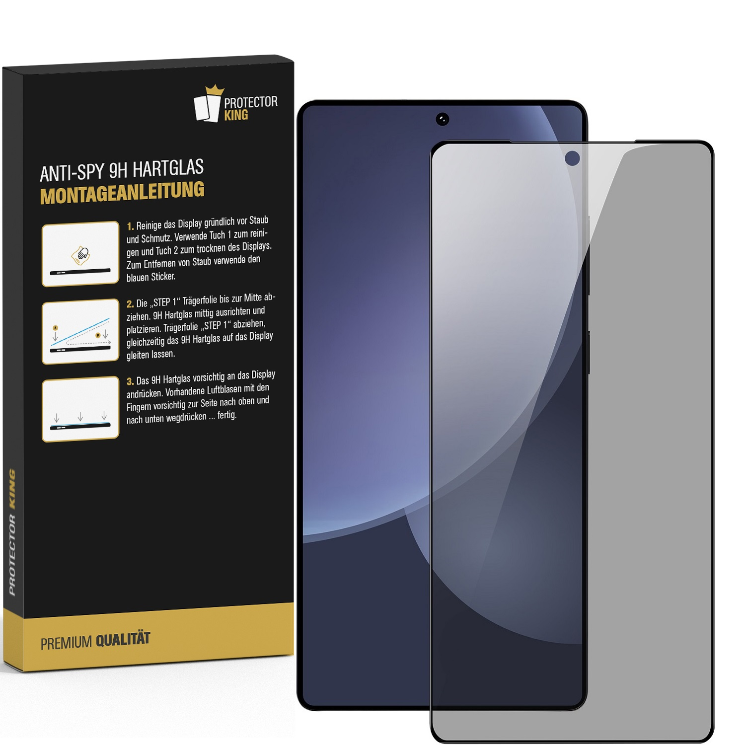 Ein Telefon und eine Displayschutzfolienbox. Die Box zeigt Installationsschritte und ein Telefon mit Sichtschutz.