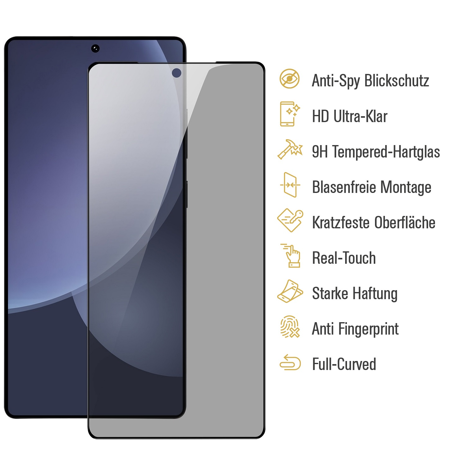 Zwei Smartphones mit angebrachtem Displayschutz, der Funktionen wie Anti-Spionage und HD-Klarheit zeigt.