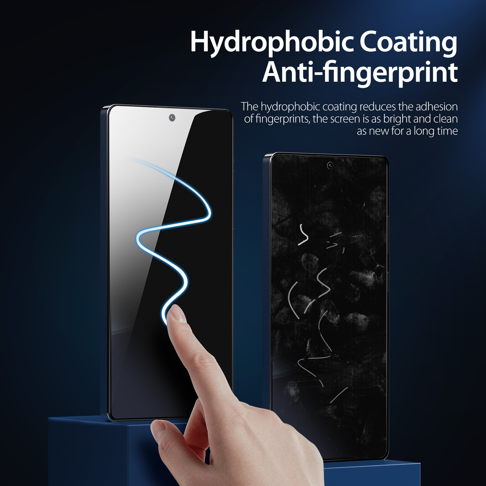 Zwei Telefone, eines sauber, eines mit Fingerabdrücken, zeigen eine hydrophobe Beschichtung. Ein Finger berührt das saubere.