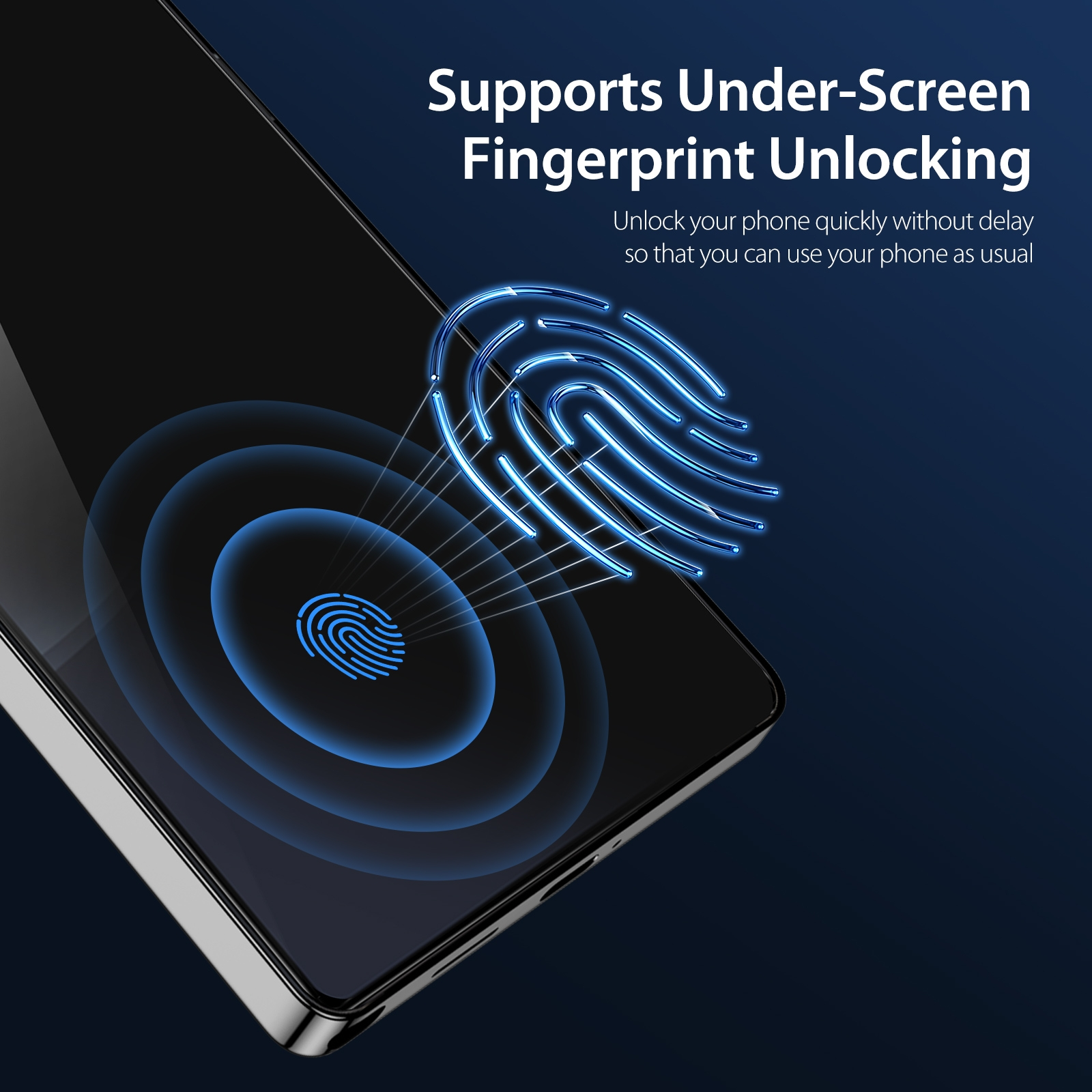 Ein Smartphone mit einer Grafik eines Fingerabdrucksensors auf dem Bildschirm, vor einem dunkelblauen Hintergrund.