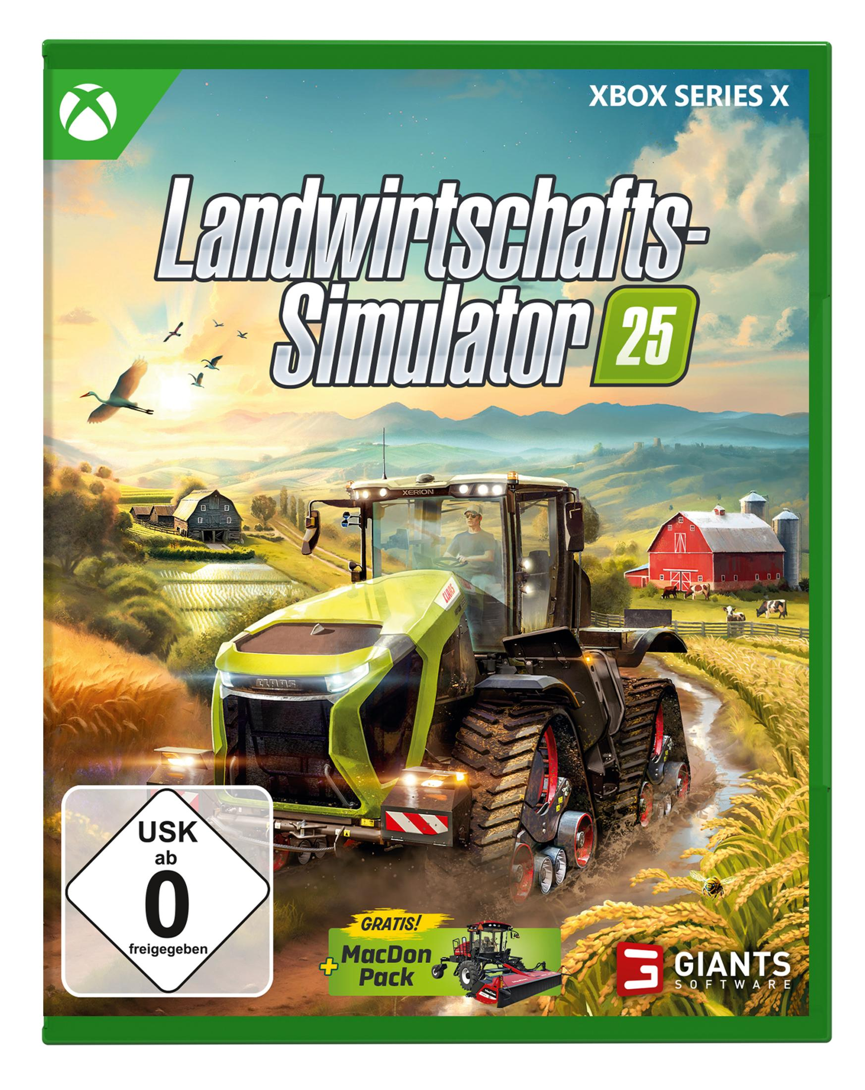 Spielcover für Landwirtschafts-Simulator 25 auf Xbox Series X. Enthält Bilder eines Traktors.