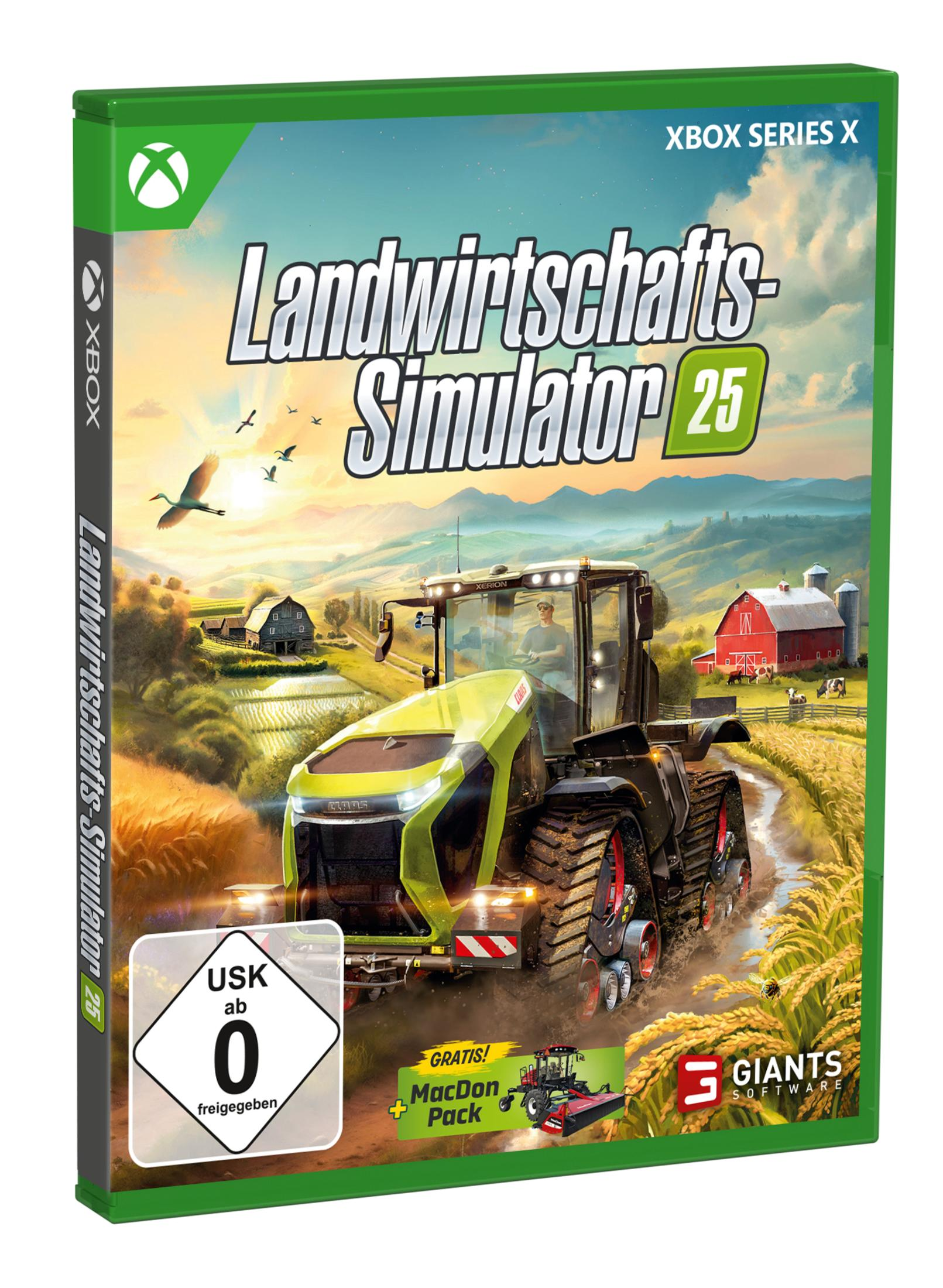 Spielbox: Landwirtschafts-Simulator 25. Traktor auf Feld, grün, gelb und schwarz. Vögel fliegen am Himmel.