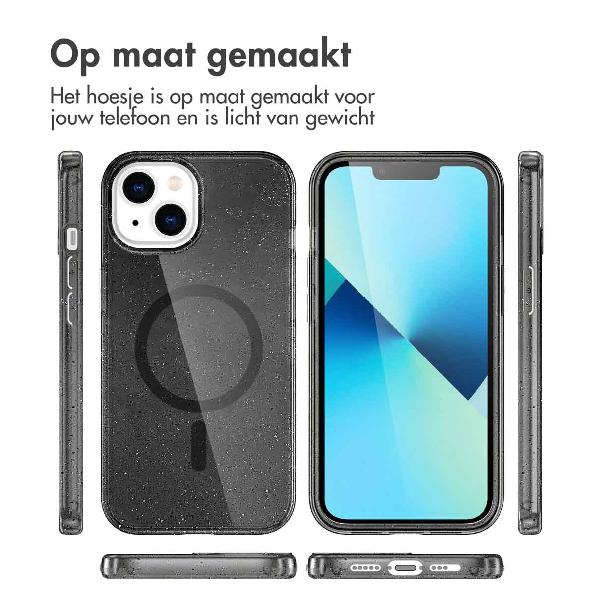 Custodia per telefono. Custodia nera con ritaglio del logo Apple. Testi: "Op maat gemaakt" & "Het hoesje..."