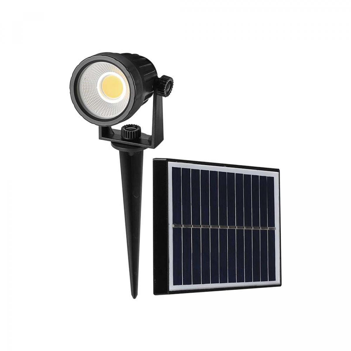 Schwarzer Solar-Strahler und Solarpanel. Die Lampe ist nach oben gerichtet, das Panel ist schwarz.