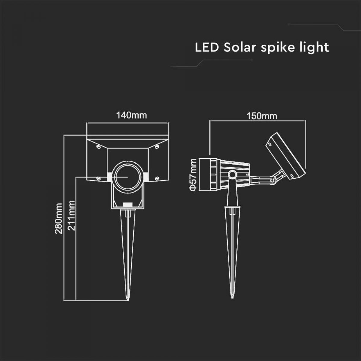 LED-Solar-Spießlicht mit Maßen, zwei Ansichten.
