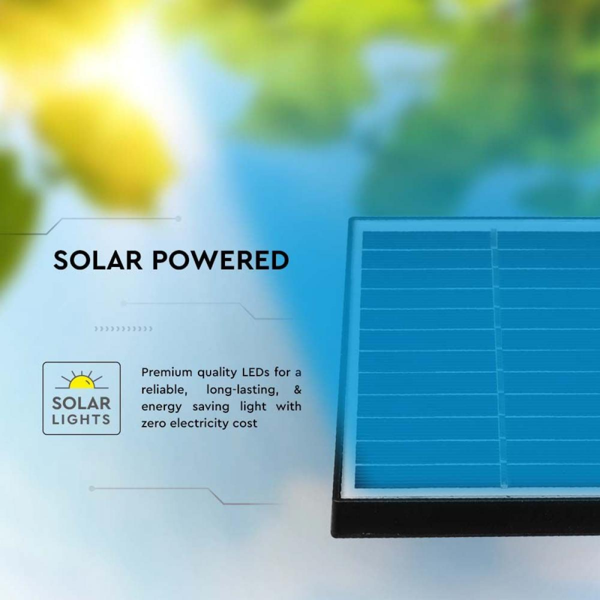 Blaues Solarpanel mit Text 'Solar Powered' und einem Diagramm der Sonne.