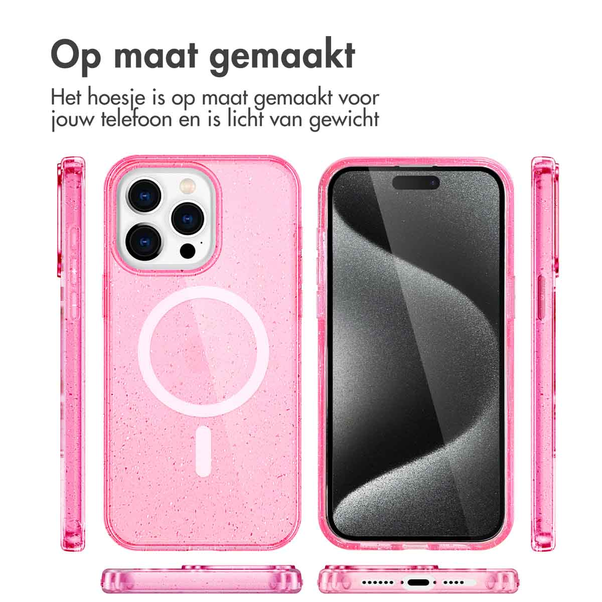 Roze telefoonhoesje met telefoon erin. Het hoesje heeft een magnetische ring.