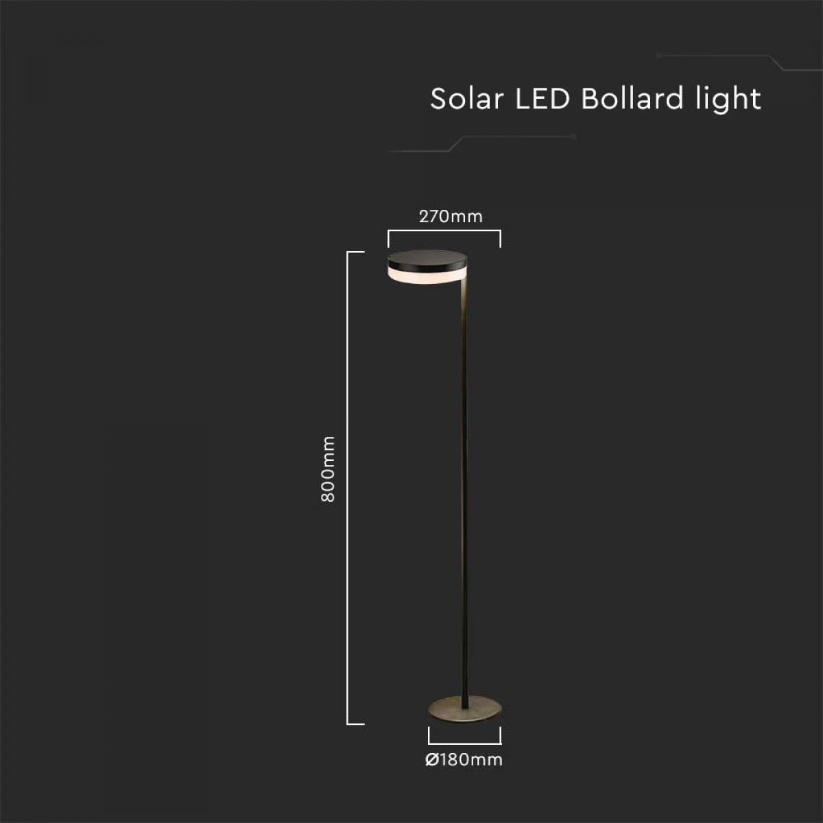 Un paletto LED solare nero, con dimensioni segnate, su uno sfondo scuro.