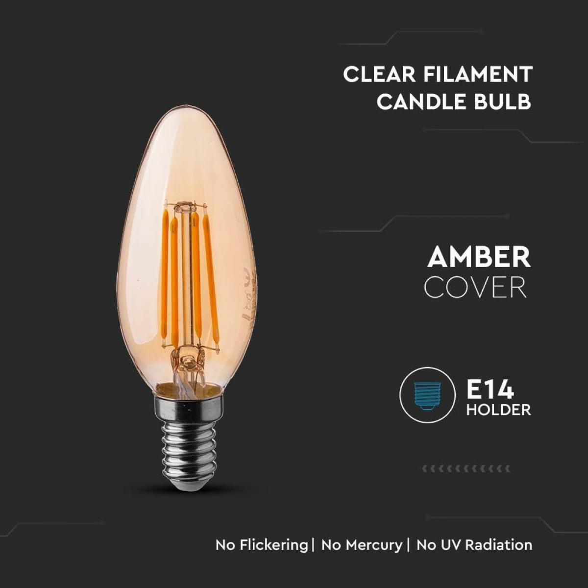 Eine bernsteinfarbene Kerzenbirne mit Text 'Clear Filament Candle Bulb' und 'Amber Cover'.