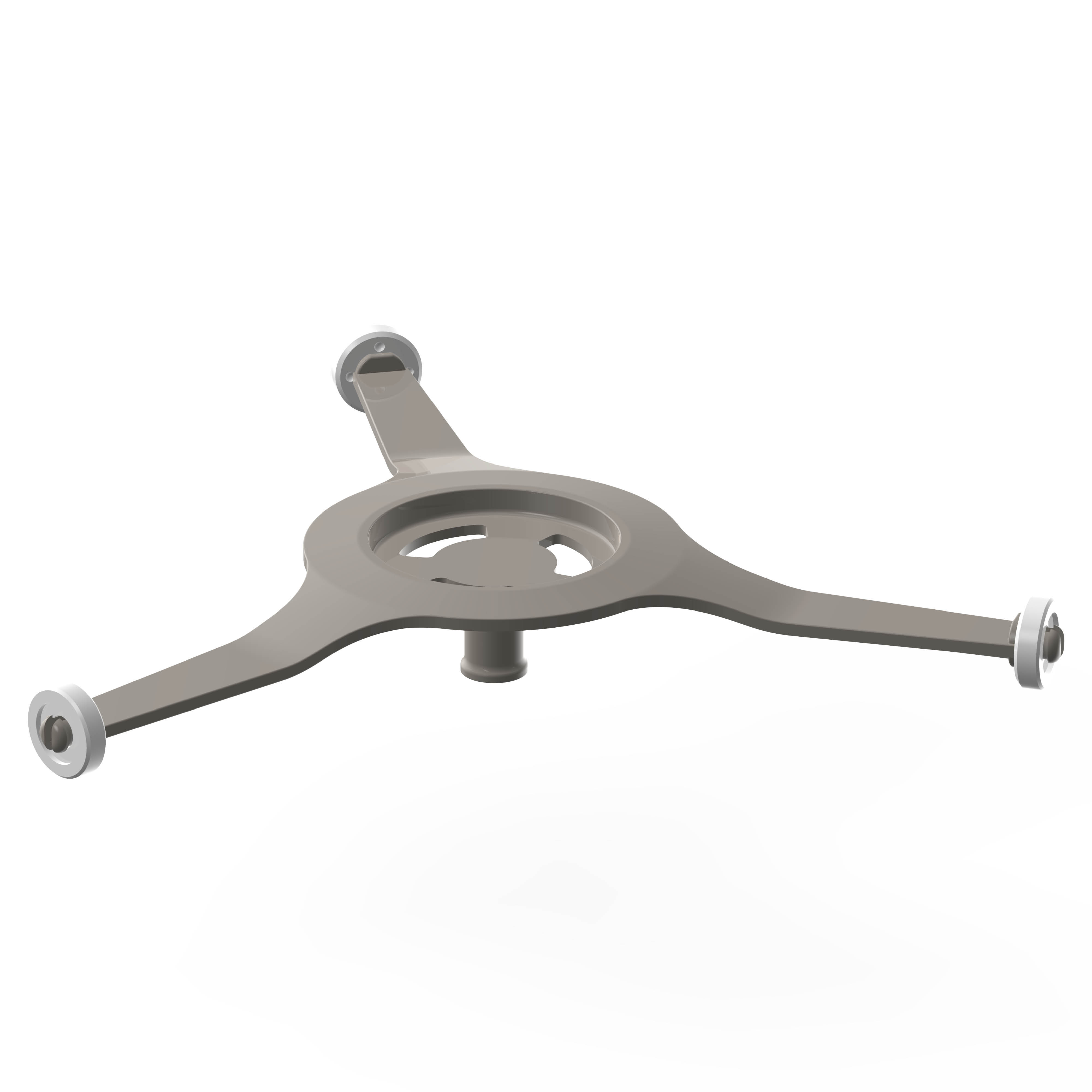 Een grijze metalen beugel met drie armen en montagegaten, op een witte achtergrond.