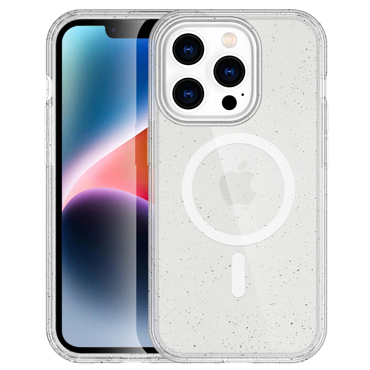 Telefoon met een hoesje. De hoes is transparant. Het Apple-logo is zichtbaar.