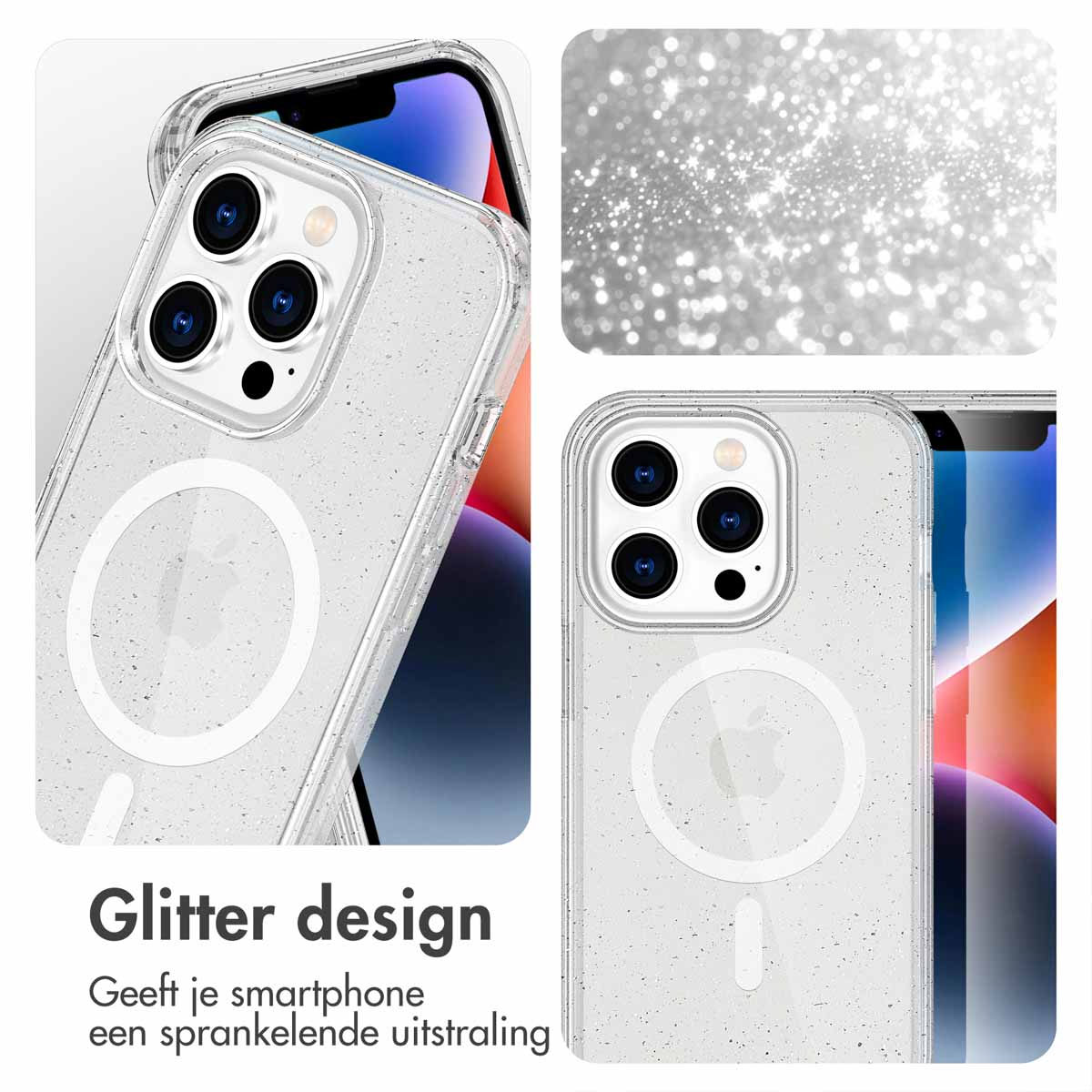 Smartphones in transparante glitter hoesjes. De hoesjes tonen de camera-opstelling.