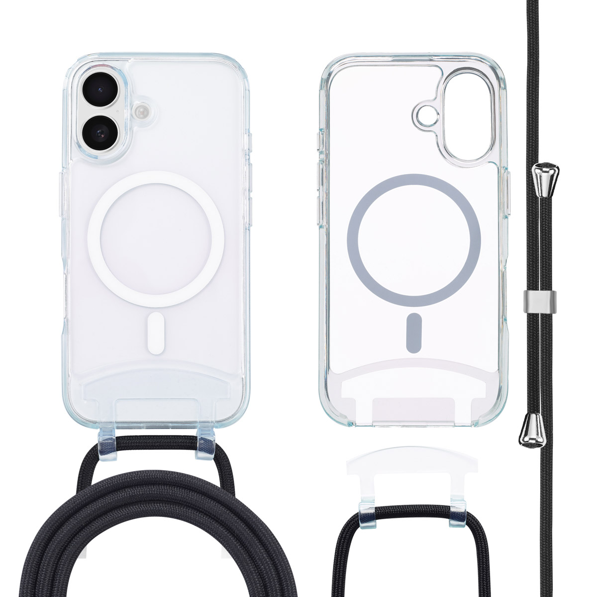 Deux coques de téléphone transparentes avec un cordon noir. Une coque montre un téléphone et un cercle blanc.