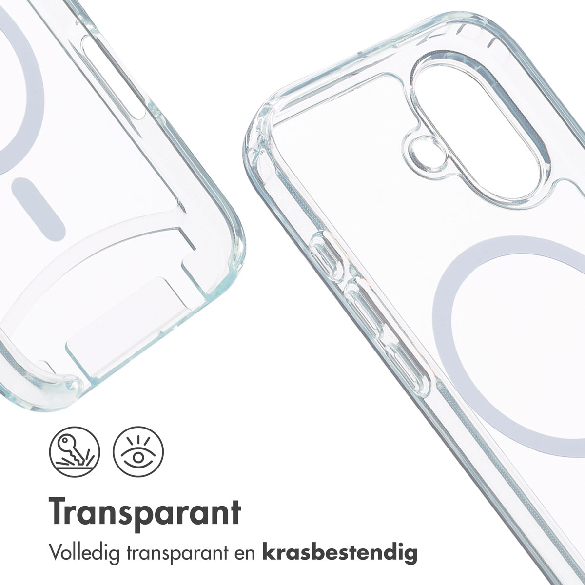Coque de téléphone transparente montrant les bords et les détails, avec des icônes de marque.