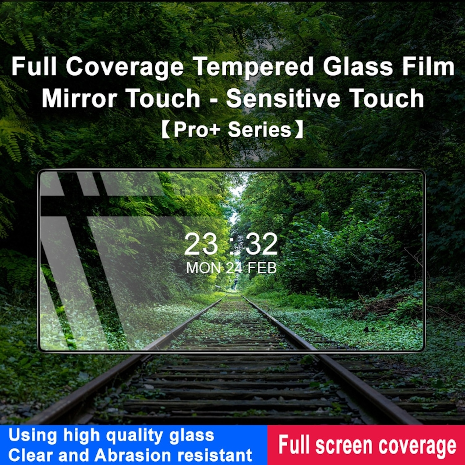 Schutzfolie aus gehärtetem Glas über einer Bahngleis. Zeit und Datum auf dem Bildschirm.