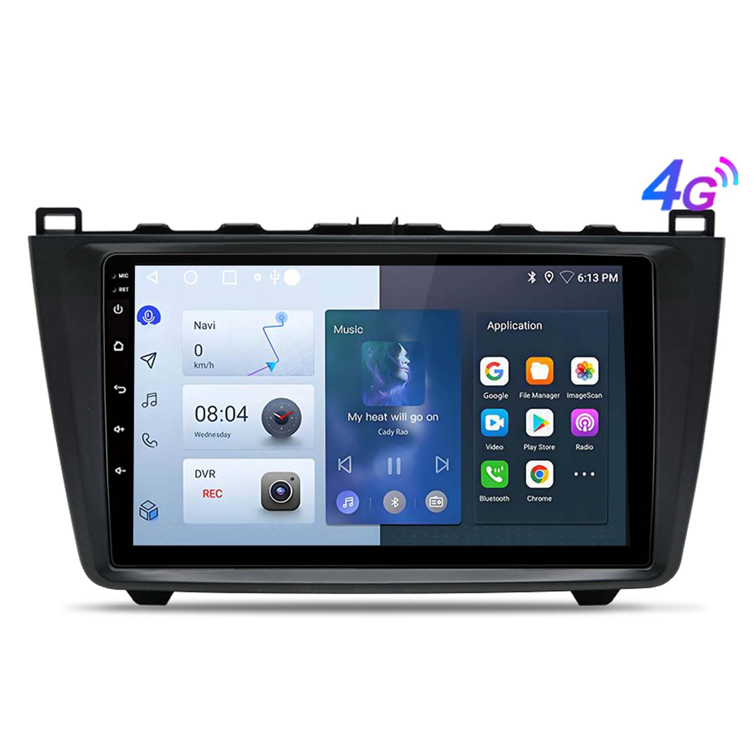 Sistema multimediale per auto con schermo che mostra app e ora. Ha una cornice nera.