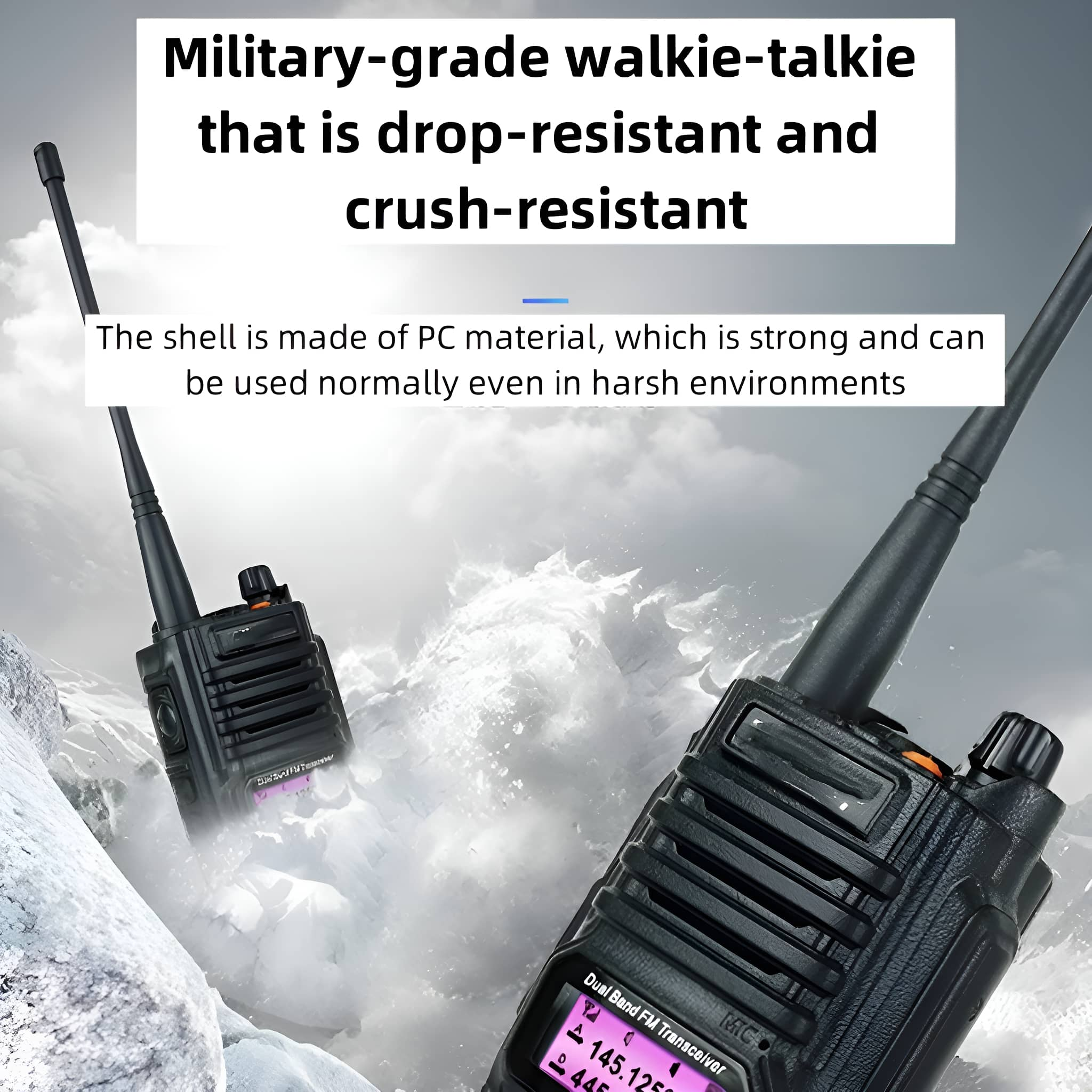 Zwei schwarze Funkgeräte mit Antennen, in einer violett getönten Umgebung, Textüberlagerung.