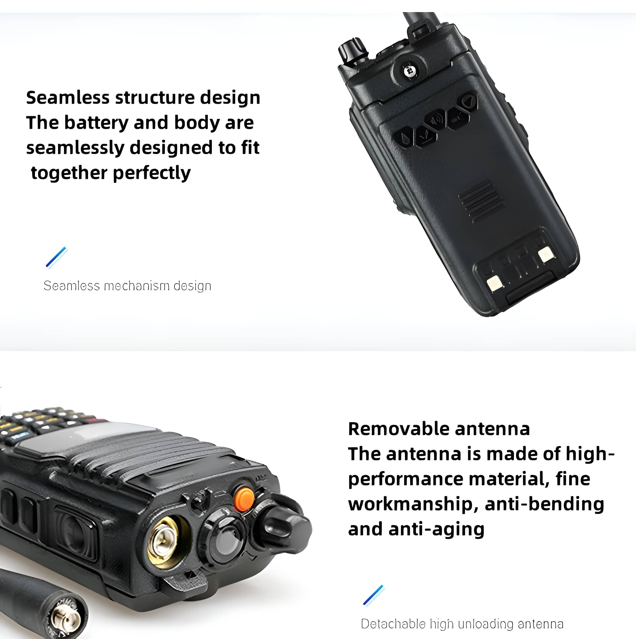 Schwarzes Walkie-Talkie mit Details und Textbeschreibungen.